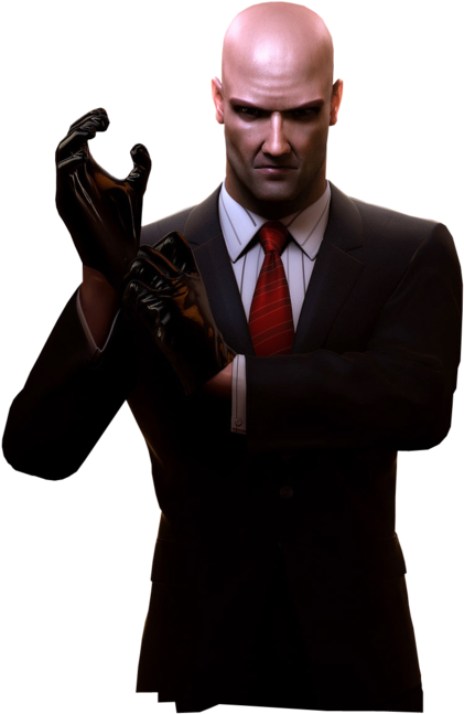 Hitman 戴手套 壁紙 — 一個光頭男子身穿深色西裝和紅色領帶，在黑色背景前嚴肅地脫下黑色手套。