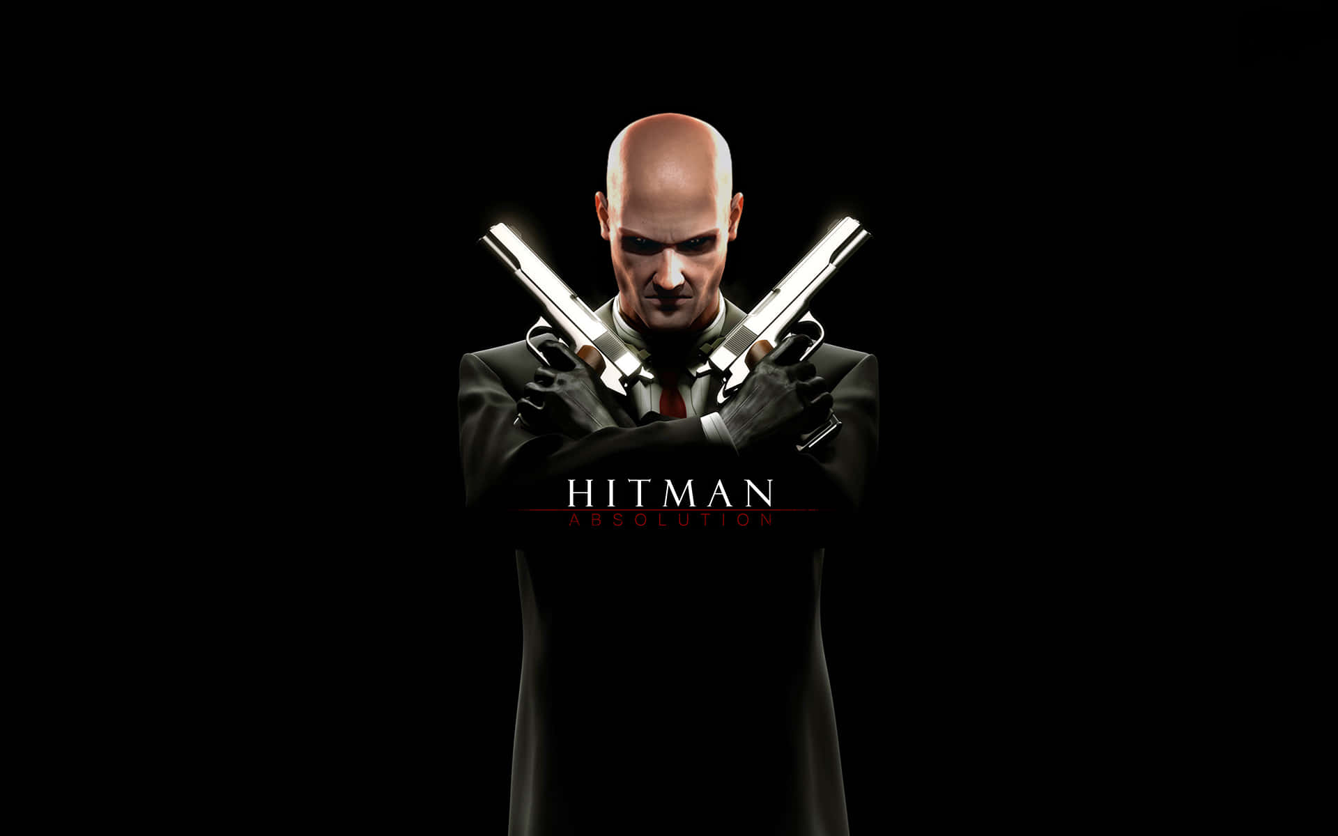 Hitman角色在黑色背景前手持兩把交叉的手槍。