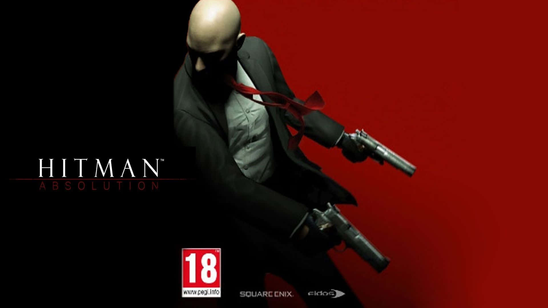 全副武裝，危險重重——《Hitman Absolution》 壁紙 — 一個光頭刺客穿著黑色西裝，手持兩把手槍，背景為鮮明的紅色和黑色，並有遊戲標題和評級。