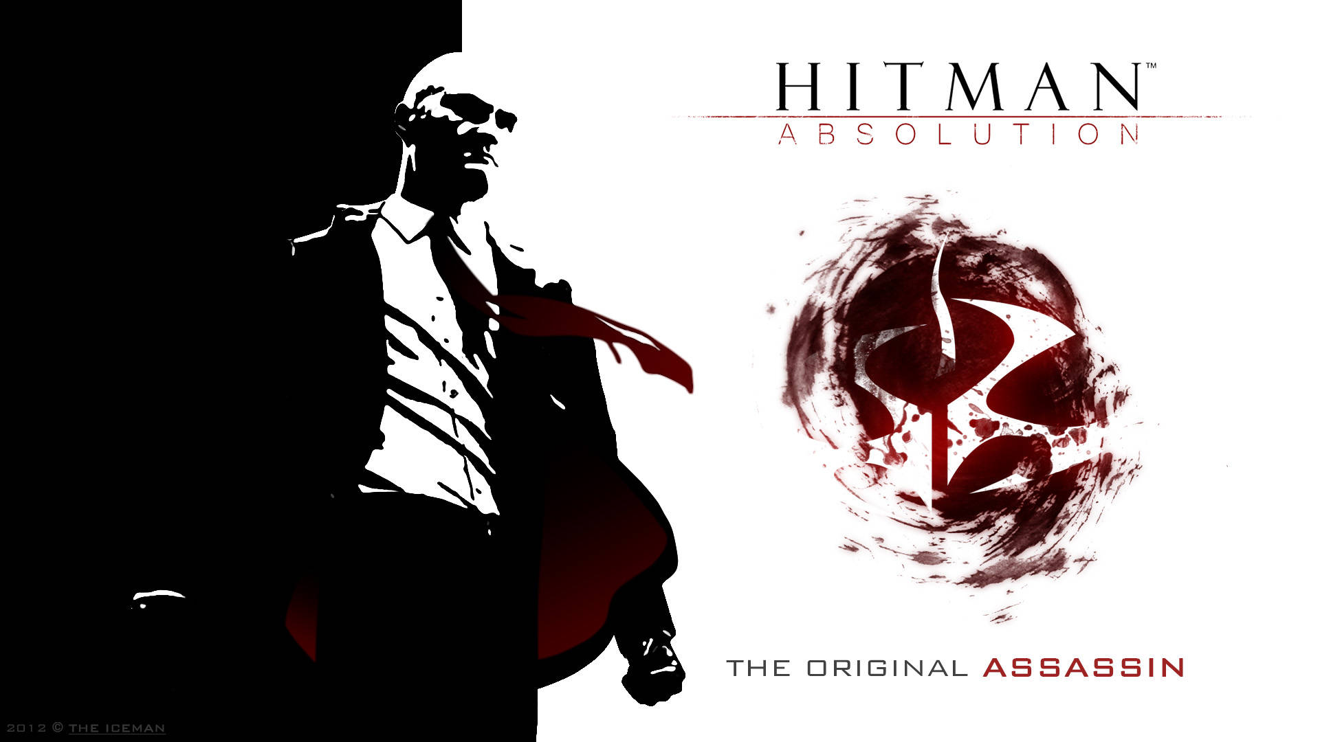 Hitman Absolution 原始刺客 壁紙 — 身穿西裝的刺客剪影，在鮮明的黑白背景上帶有紅色點綴，旁邊是《Hitman Absolution》標誌。