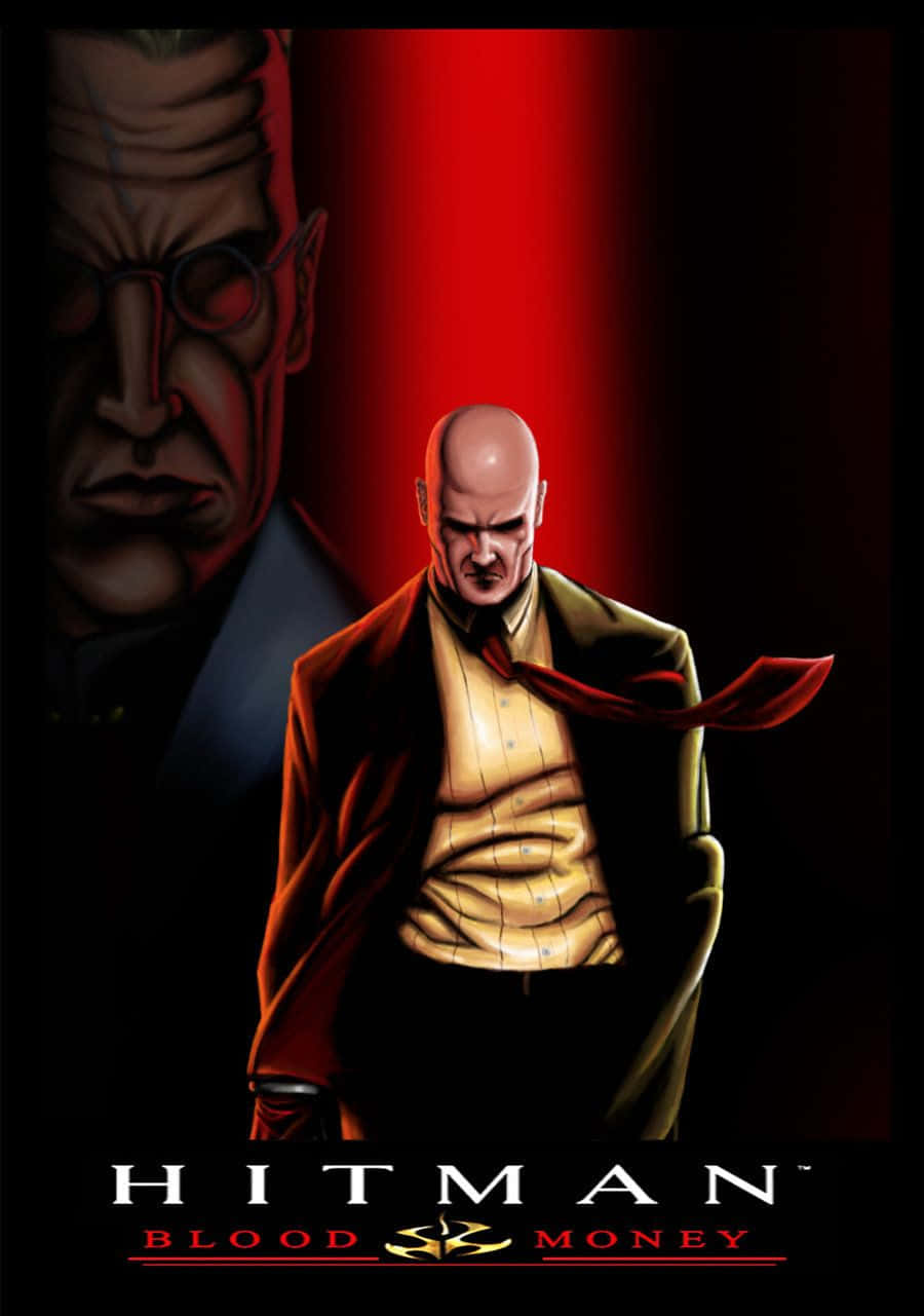 《Hitman Blood Money》：47號特工的戲劇性場景 壁紙 — 一個光頭刺客穿著紅色外套，在深紅色背景下挑釁地站立，身後有一個威脅性的陰影籠罩。