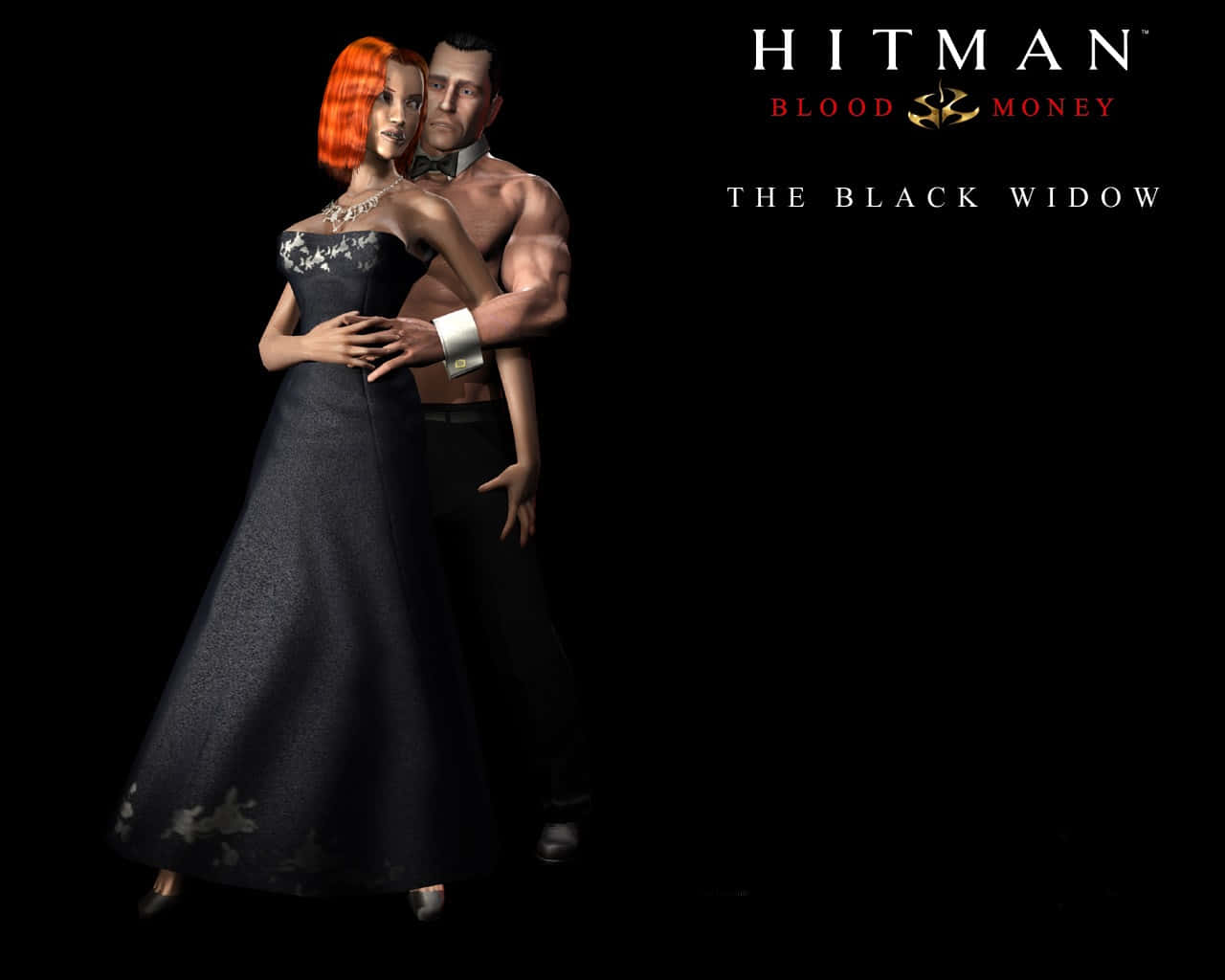 Hitman Blood Money：黑寡婦 壁紙 — 一個肌肉發達的男人和一個火紅頭髮的女人在黑暗的場景中擁抱，並以遊戲標題《Hitman Blood Money》作為框架。