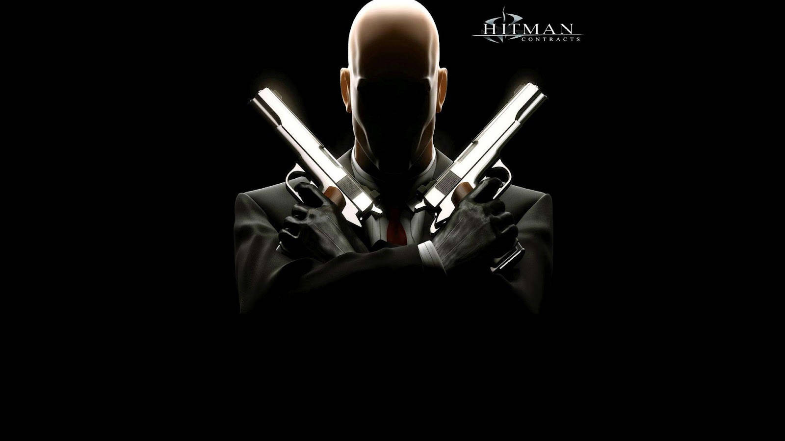 Hitman Contracts 刺客在黑色背景前手持兩把交叉的手槍。