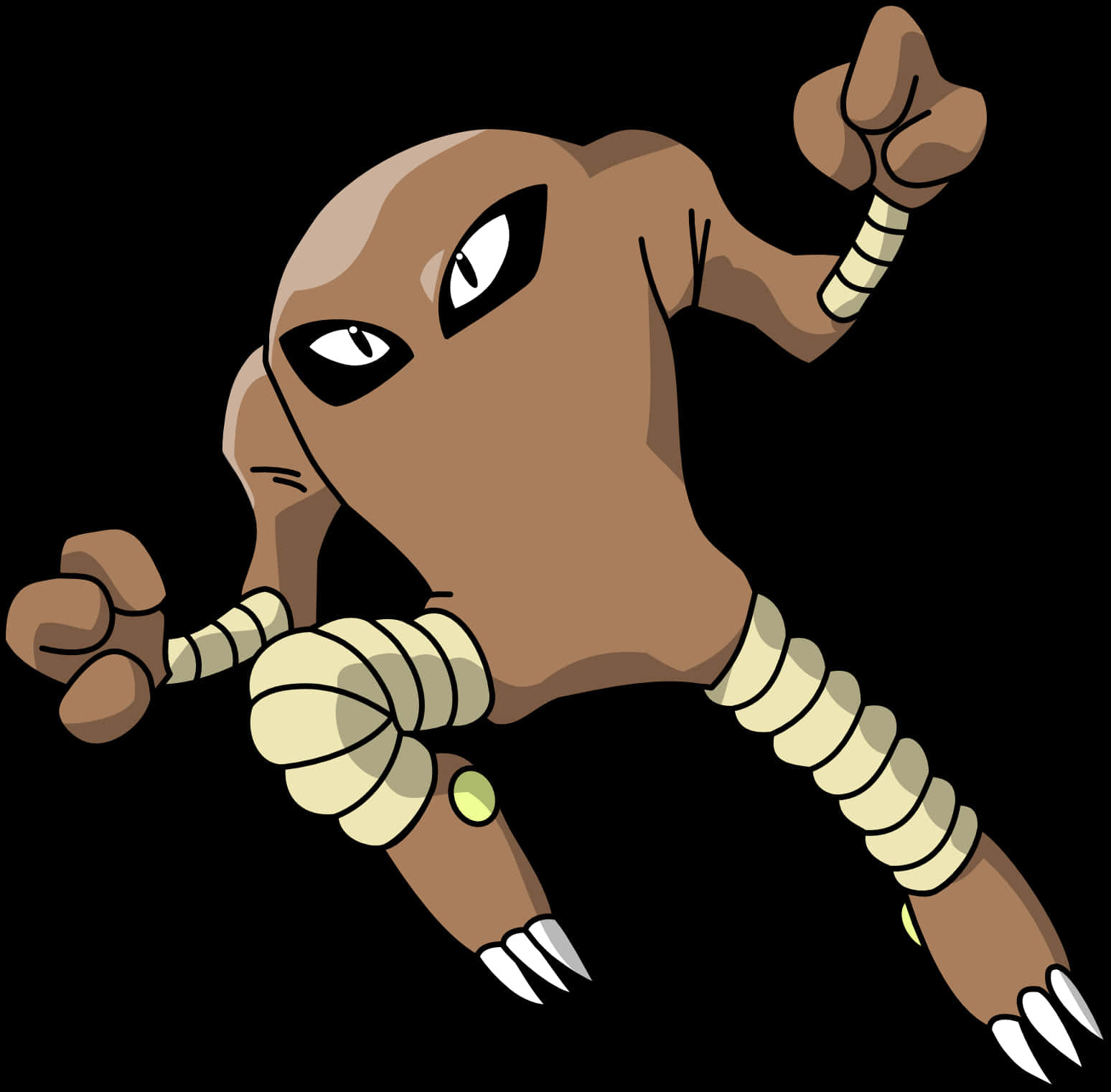 躍動的Hitmonlee 壁紙 — 一隻卡通風格的棕色生物，有白色眼睛和分節的手臂，在黑色背景上向前猛撲。