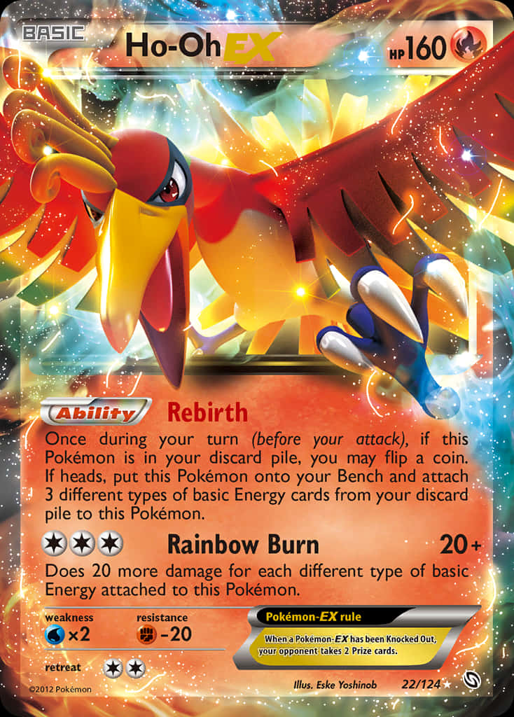 Ho-Oh EX寶可夢卡，帶有火紅的翅膀和彩虹能量效果。