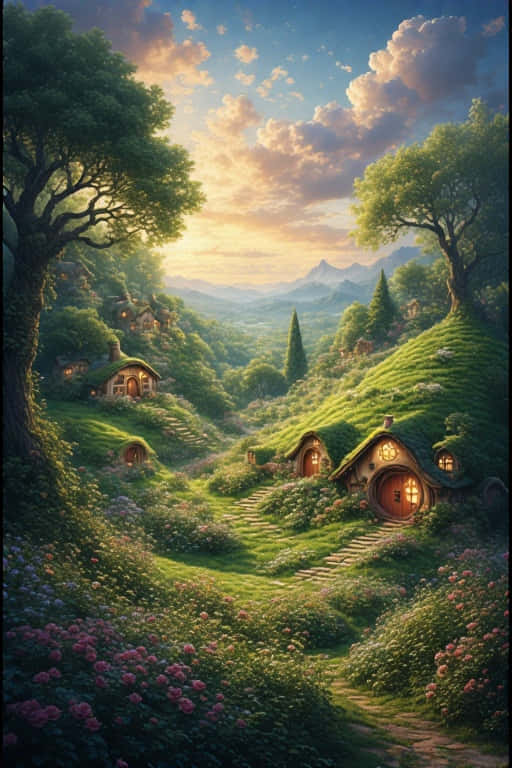 發光的窗戶的小屋坐落在草地上，周圍環繞著樹木和粉紅色的花朵，天空多雲。