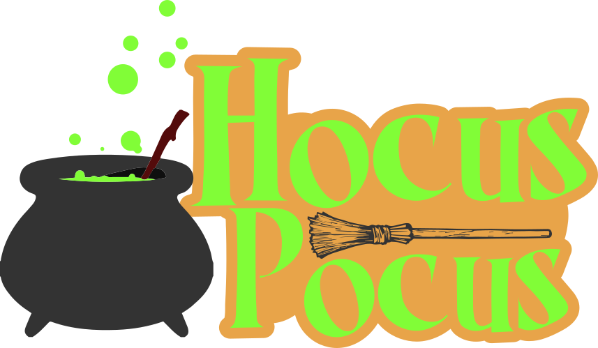 《Hocus Pocus》坩堝與掃帚 壁紙 — 一個卡通女巫的大鍋，裝有綠色冒泡的藥水，旁邊有掃帚和粗體的「Hocus Pocus」文字。