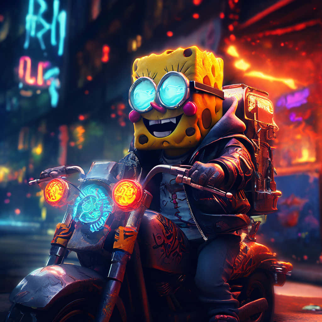  壁紙 — 海綿寶寶在夜晚騎著一輛霓虹燈摩托車穿過 gritty 的 cyberpunk 城市景觀。