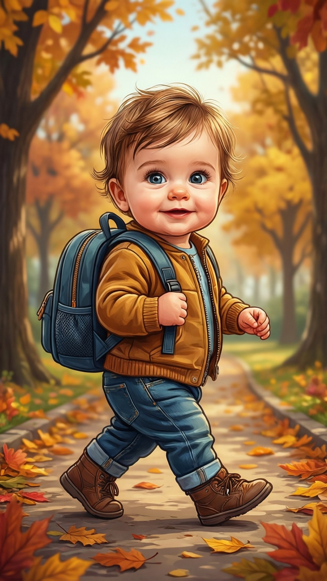 秋日散步寶寶 壁紙 — 一個開心的幼兒揹著背包，喺金色樹下嘅落葉秋徑上行走。