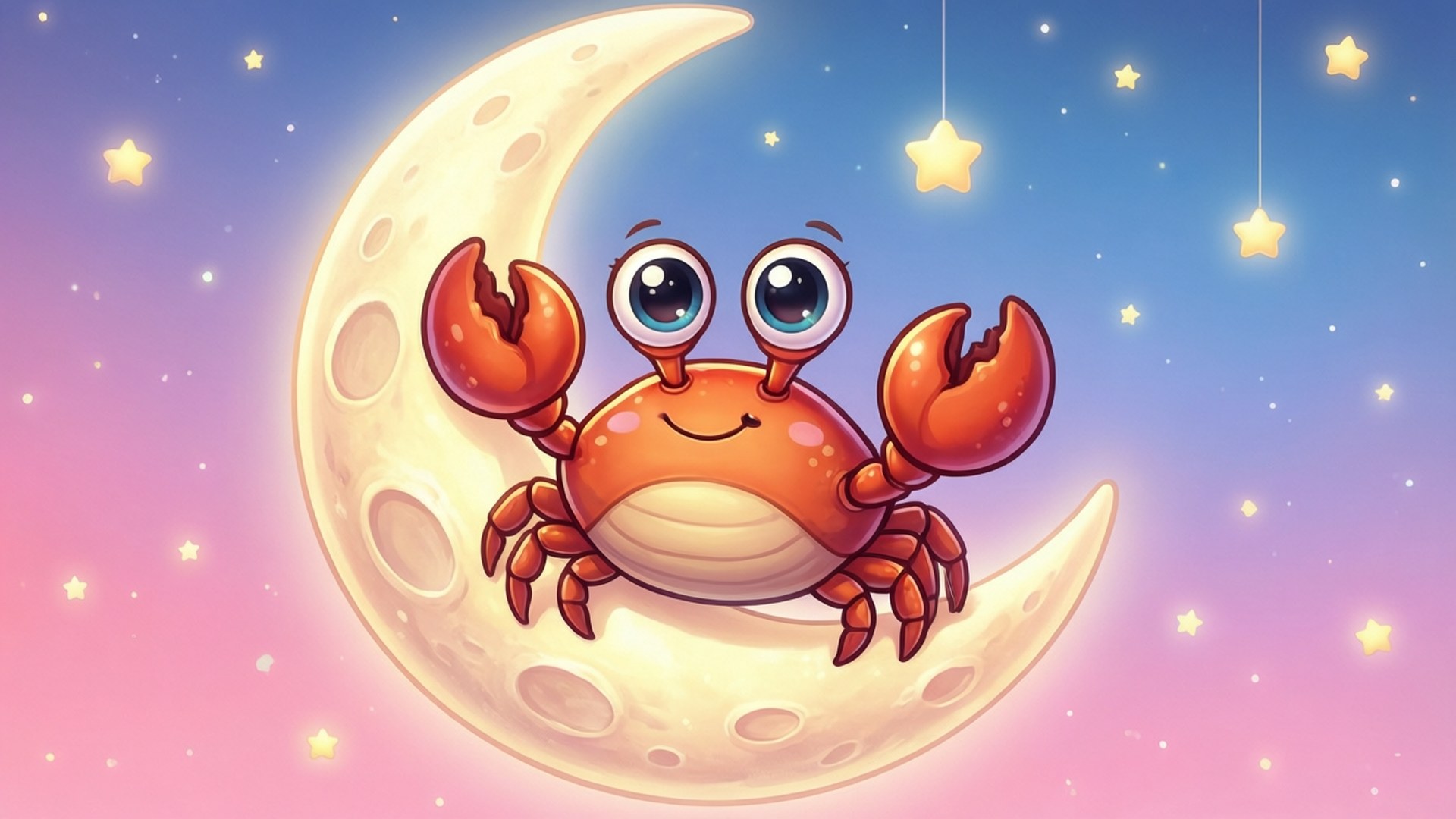 Kawaii Crab on Moon 壁紙 — 一隻開心卡通蟹，大眼睛，坐在新月上微笑，周圍係發光星星，背景係柔和粉彩色天空。
