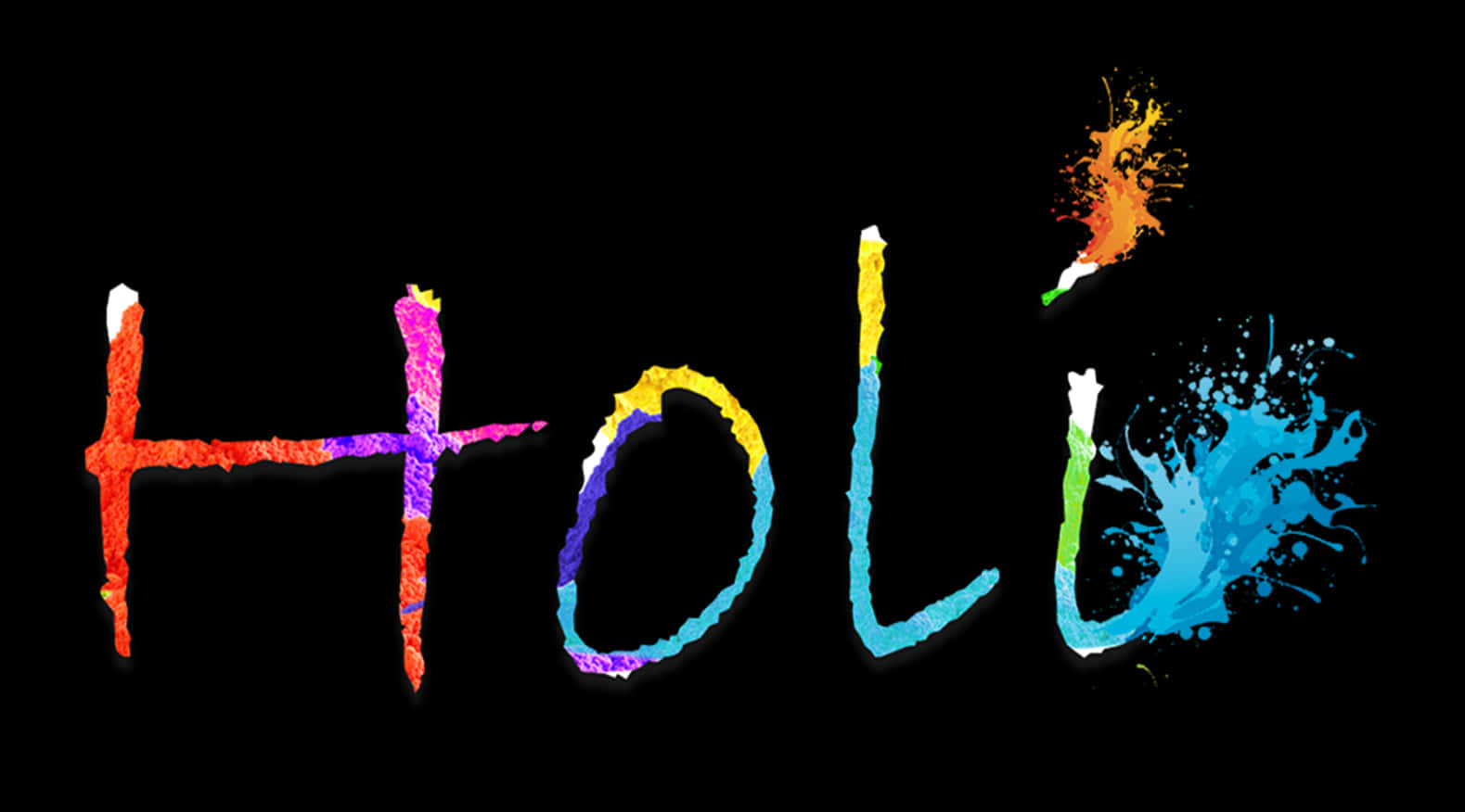 色彩繽紛的Holi節慶文字背景 壁紙 — 「Holi」呢個字喺黑色背景上濺滿咗鮮豔嘅彩虹色。