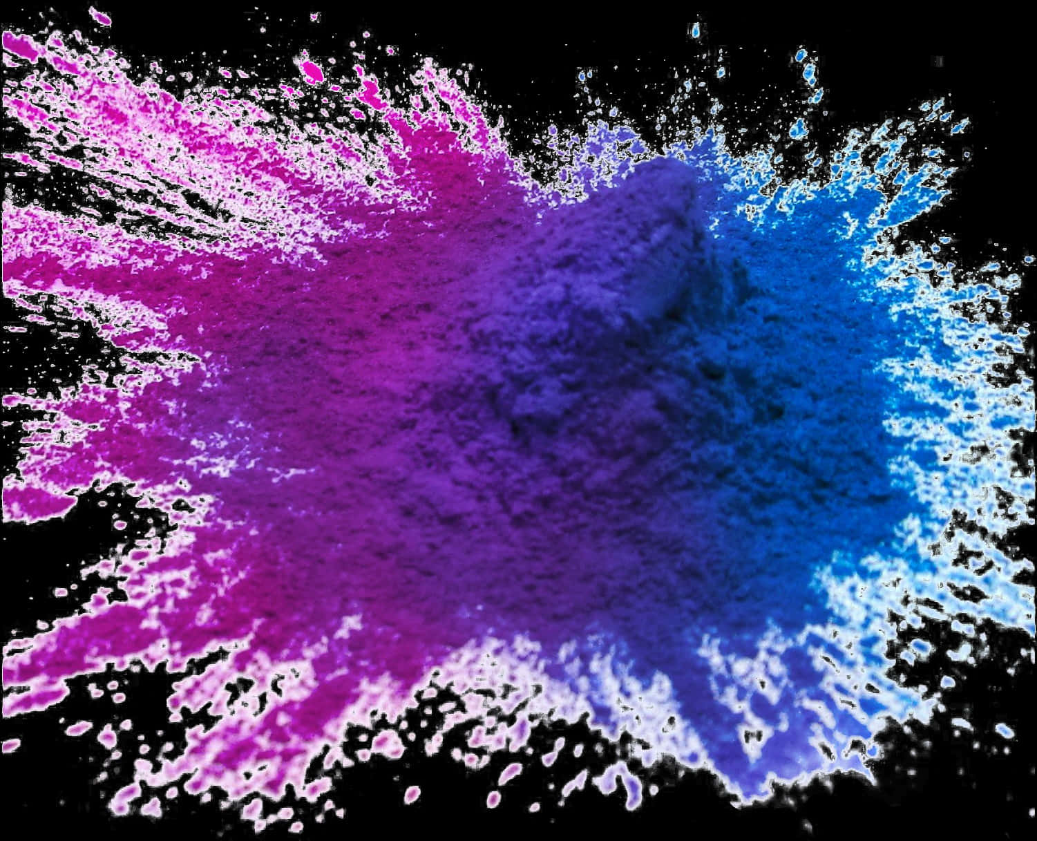 色彩繽紛的 Holi 節慶背景 壁紙 — 充滿活力的粉紅色、紫色和藍色粉末在純黑色背景上向外爆炸，形成動態的抽象爆發。
