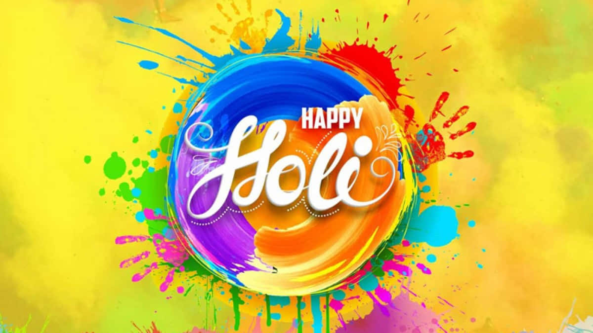 Happy Holi 節日圖形，帶有彩虹顏料飛濺和優雅的白色文字。
