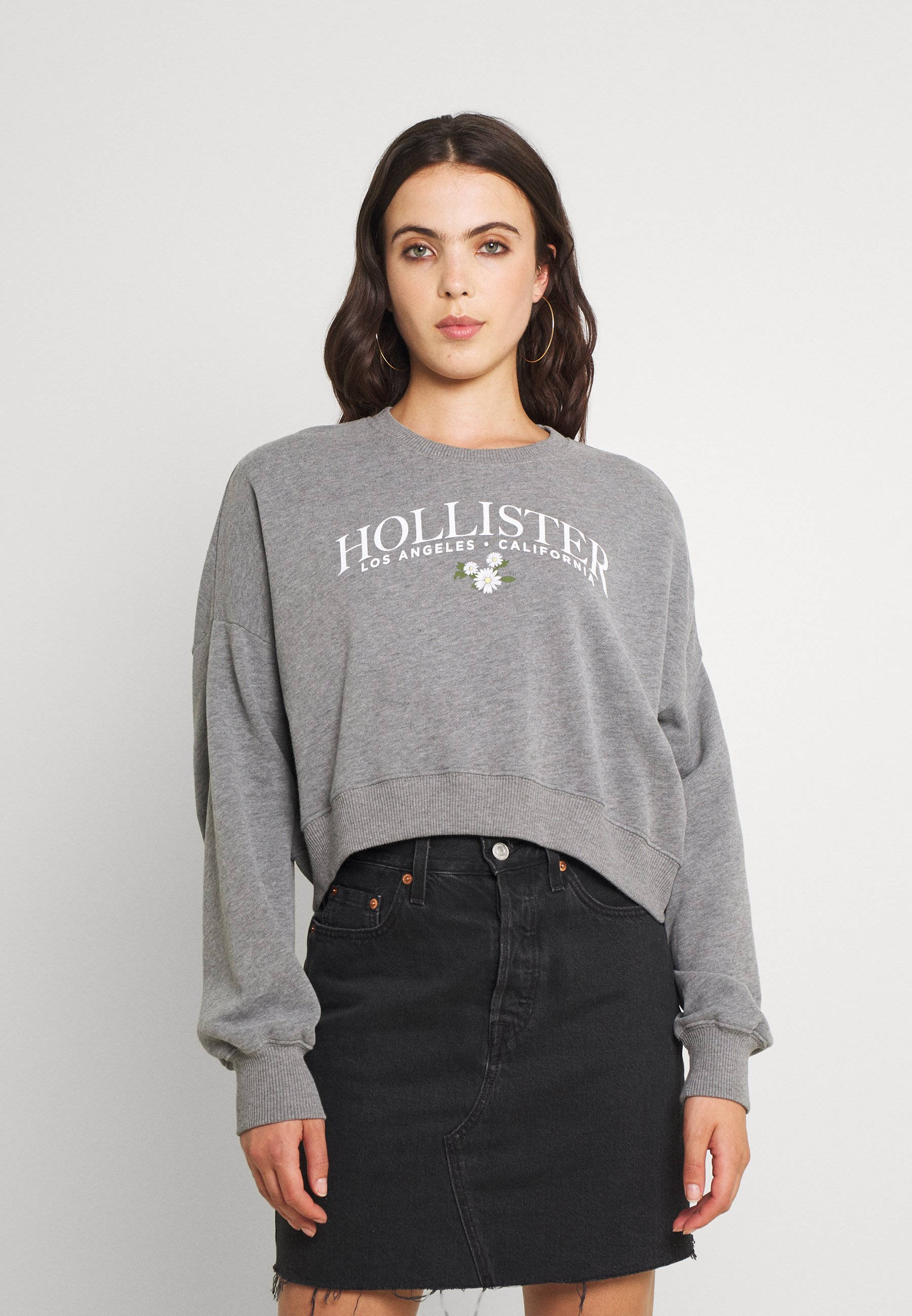 白色花朵 Hollister 標誌 壁紙 — 一位年輕女性穿著灰色Hollister運動衫和黑色牛仔裙，在白色背景前擺姿勢。