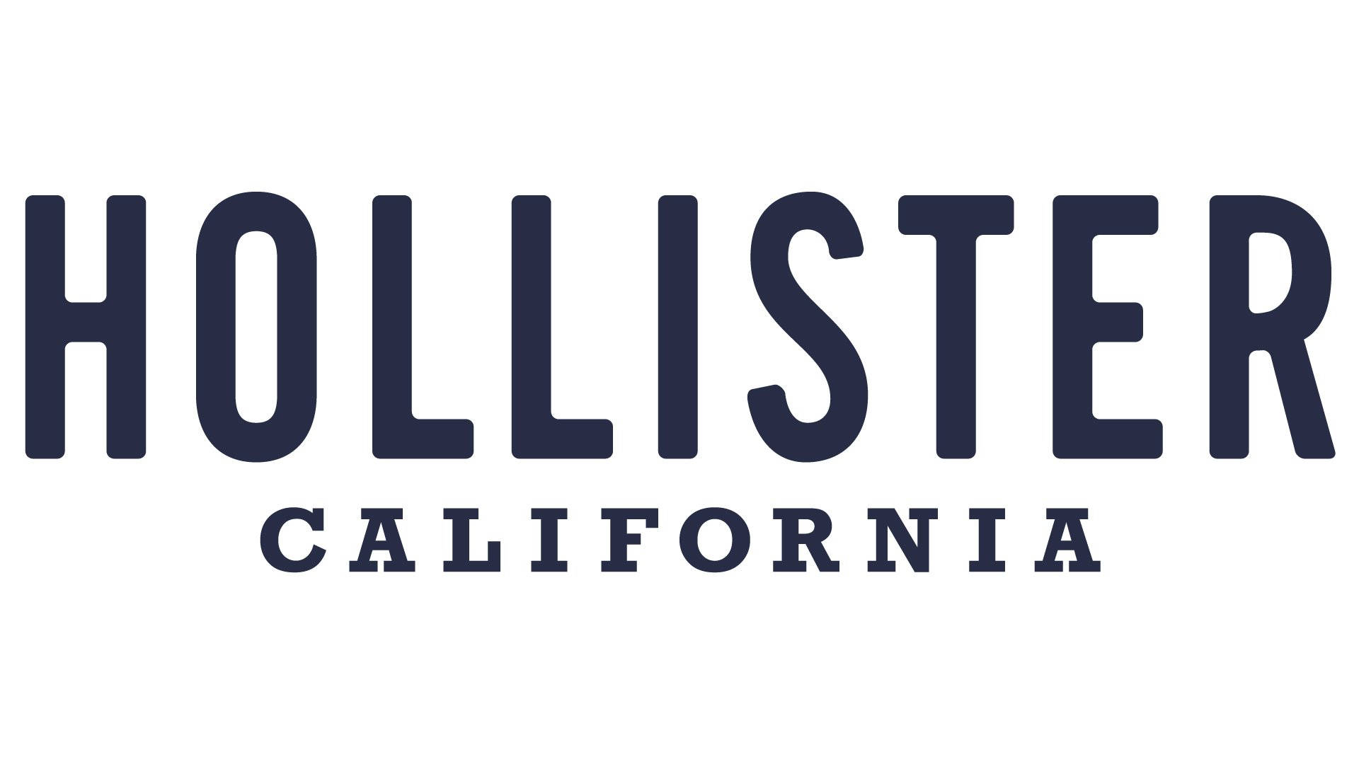 Hollister極簡潔淨標誌 壁紙 — 在純白背景上以極簡字體呈現的醒目海軍藍 Hollister California 標誌。