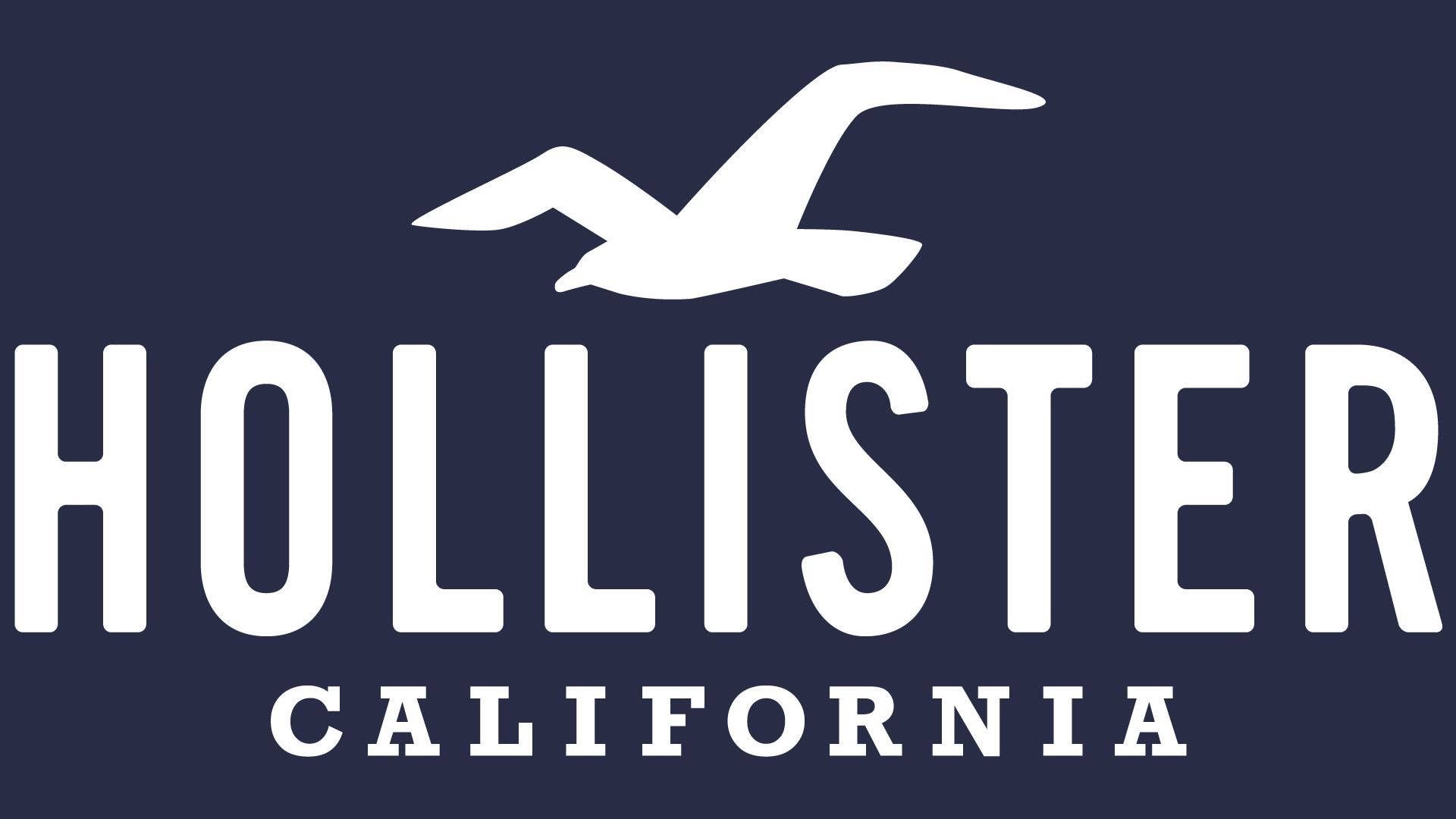 Hollister經典海鷗標誌 壁紙 — 深藍色背景上帶有海鷗剪影的白色Hollister California標誌。