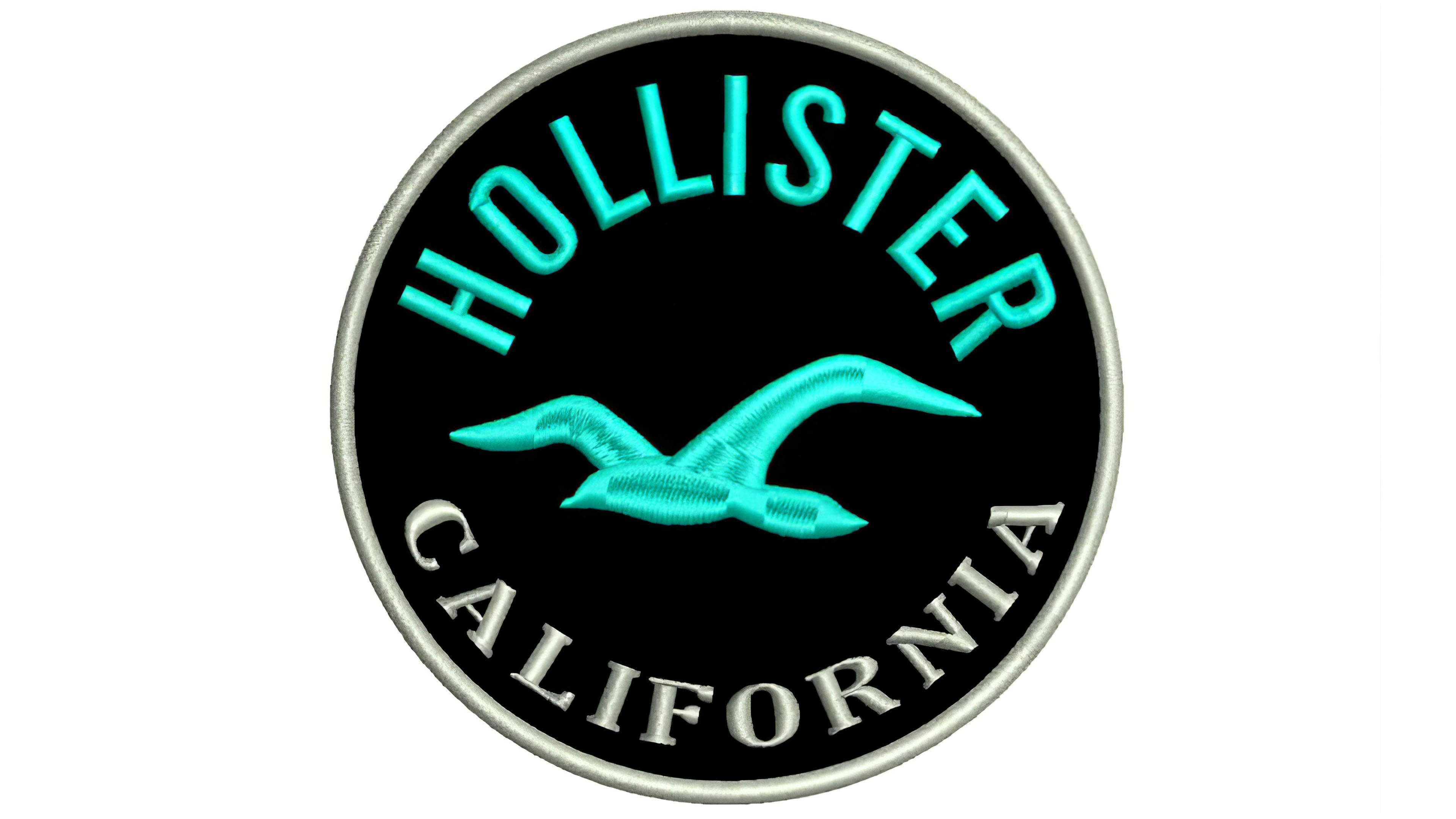 Hollister縫製青綠色標誌 壁紙 — 圓形刺繡 Hollister California 標誌貼片，帶有藍綠色海鷗和銀色邊框，黑色背景。