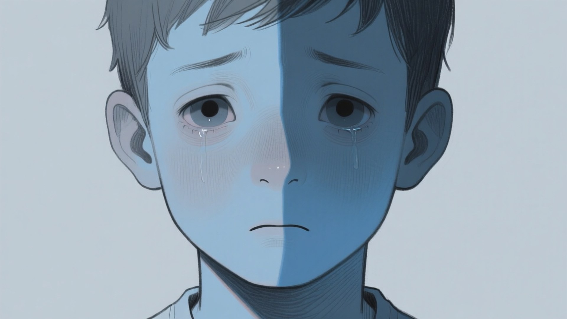 一個悲傷的動漫男孩，在分裂臉插圖中淚水從雙頰流下。