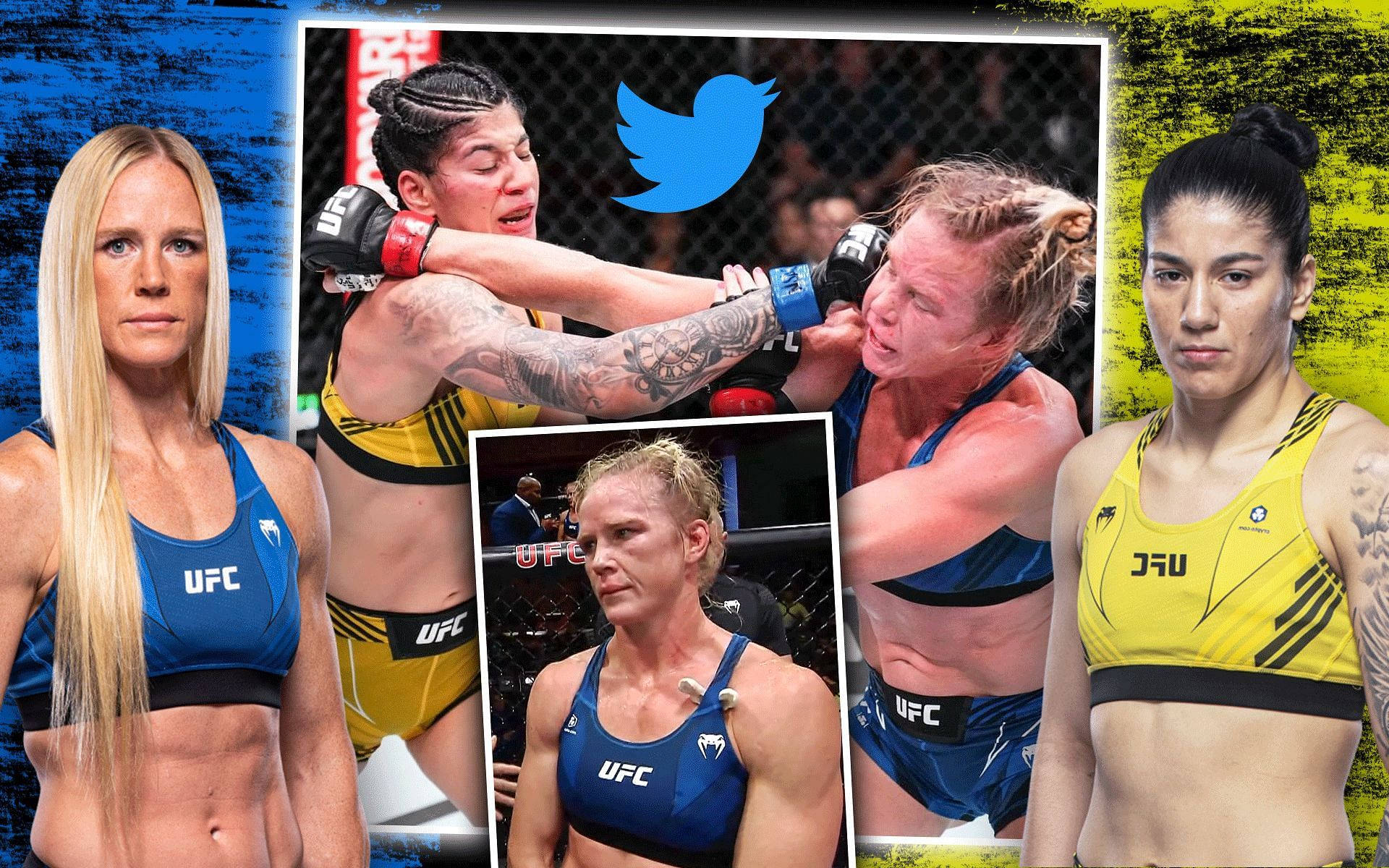 Holly Holm與Ketlen Vieira拼貼畫 壁紙 — 四位女性UFC拳手擺姿勢，中央是兩位拳手在八角籠內纏鬥的動作鏡頭。