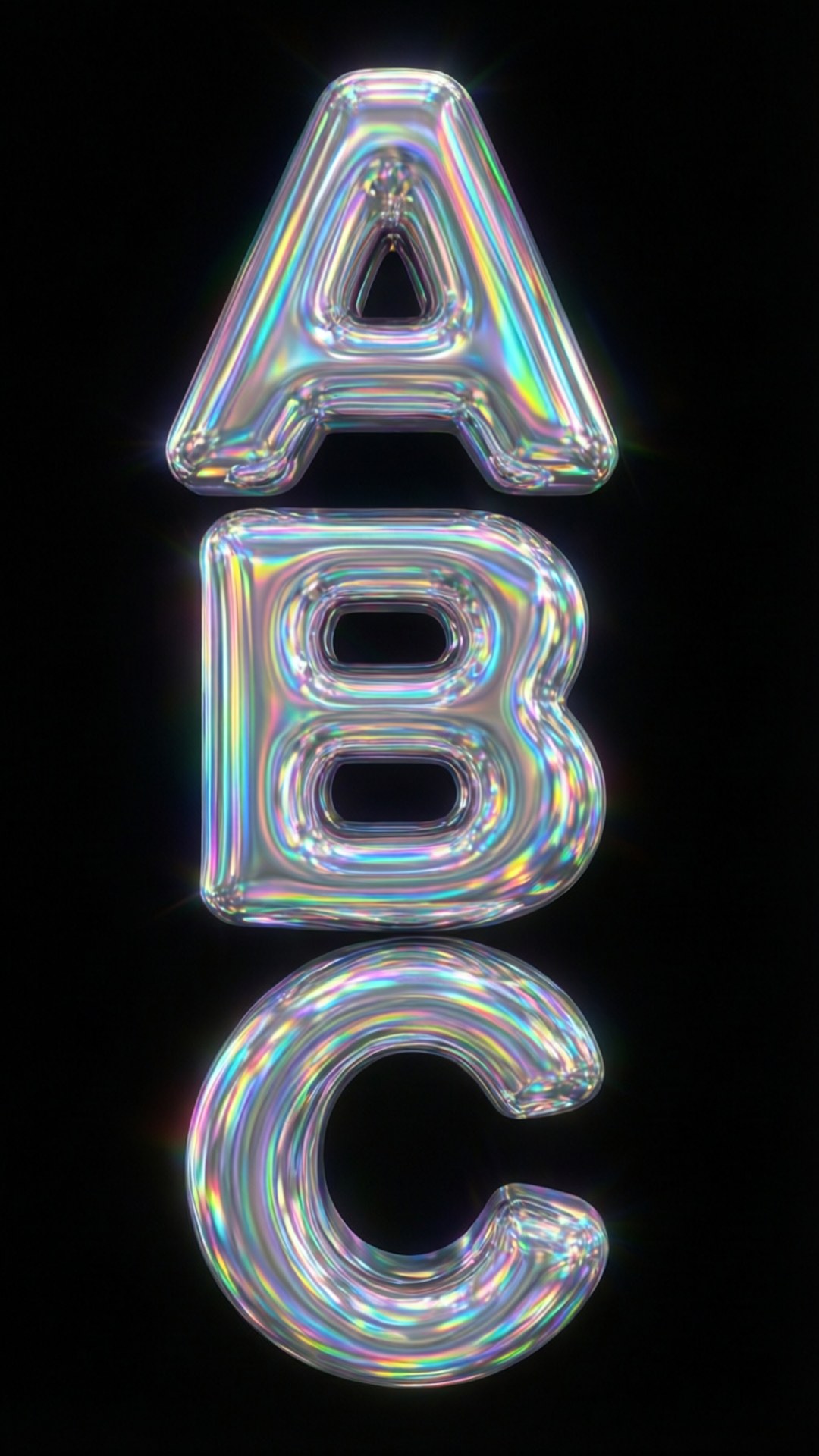 三個光澤虹彩字母ABC垂直漂浮，在黑色背景上帶有彩虹反射