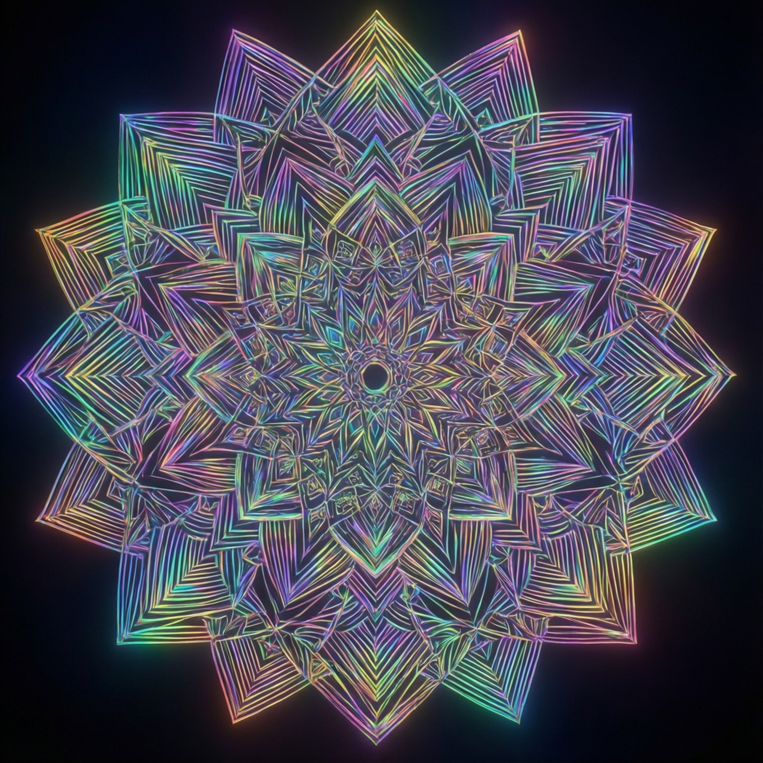 一個發光的霓虹彩虹曼陀羅，在黑色背景上帶有複雜的幾何圖案