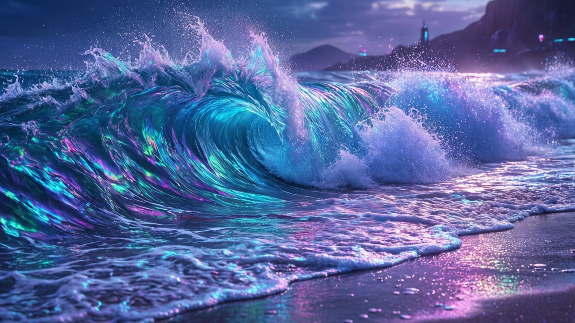 發光的波浪在暮色天空下以霓虹色彩衝擊海灘。