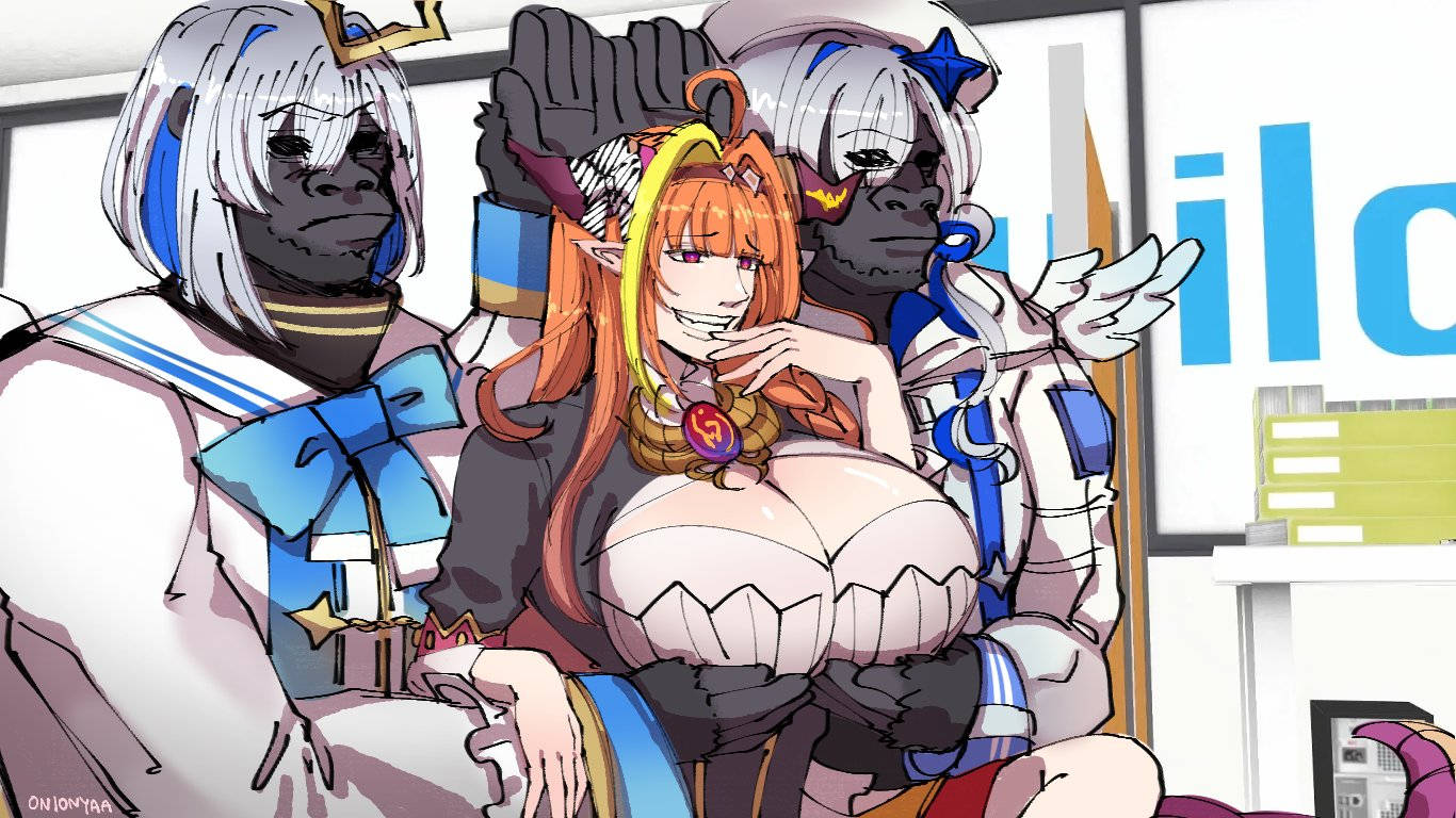 Hololive Coco 女孩胸部迷因 壁紙 — 三個銀髮藍色點綴的動漫角色在一個風格化的室內場景中擺姿勢，背景有粗體字樣。