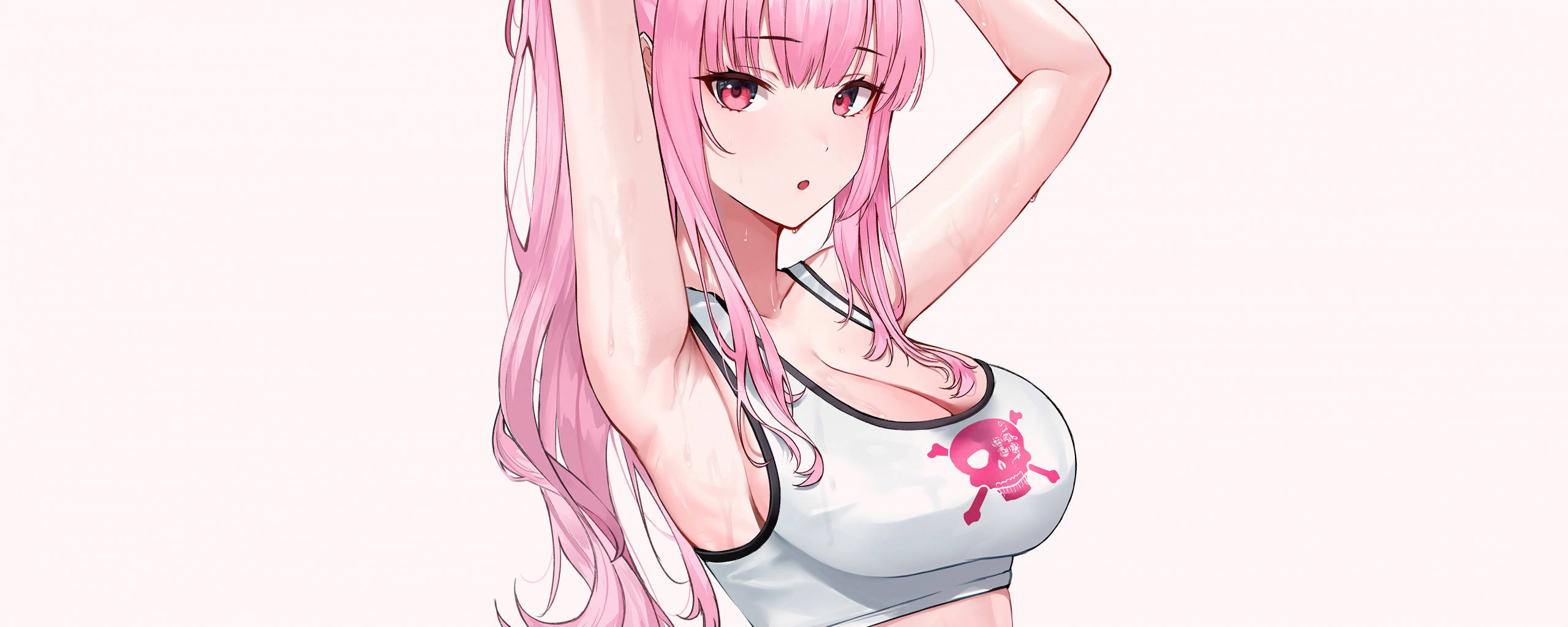 Hololive成員Calliope Mori的饒舌造型 壁紙 — 一個粉紅色頭髮的動漫女孩，穿著帶有骷髏標誌的白色背心，在純色背景上將手臂伸展過頭頂。