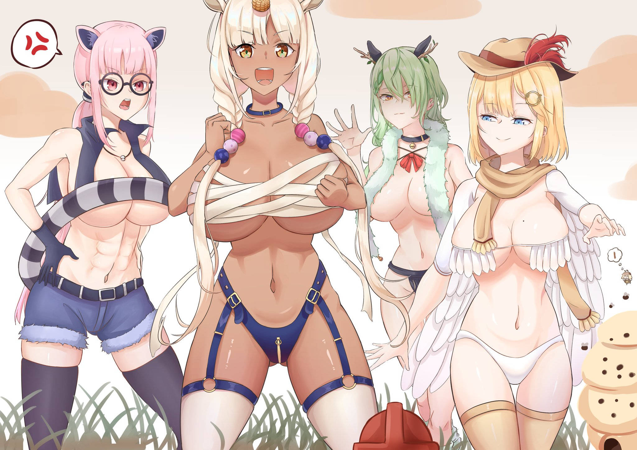 Hololive成員自信擺姿 壁紙 — 四個擁有動物耳朵和翅膀的動漫女孩在柔和天空下的草地上頑皮地擺姿勢。