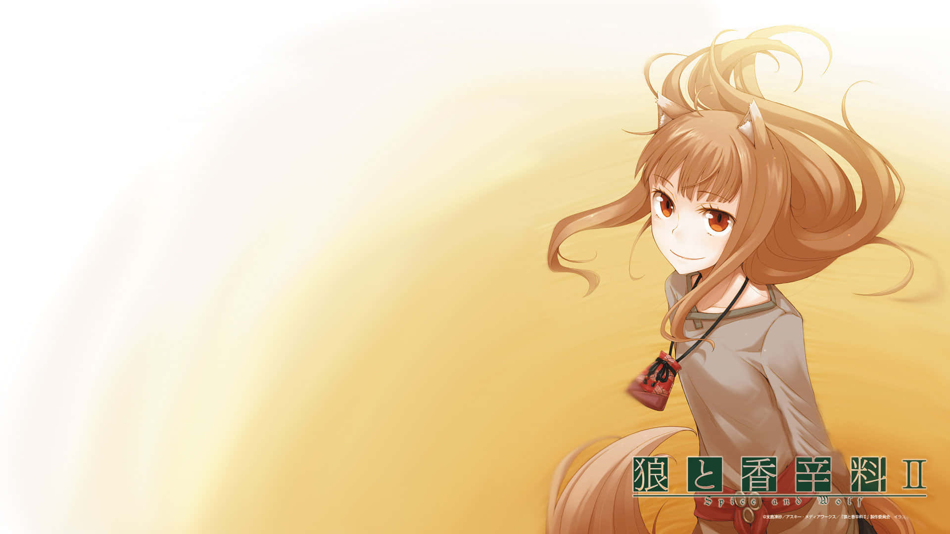金色光芒中微笑的狐狸耳動漫女孩