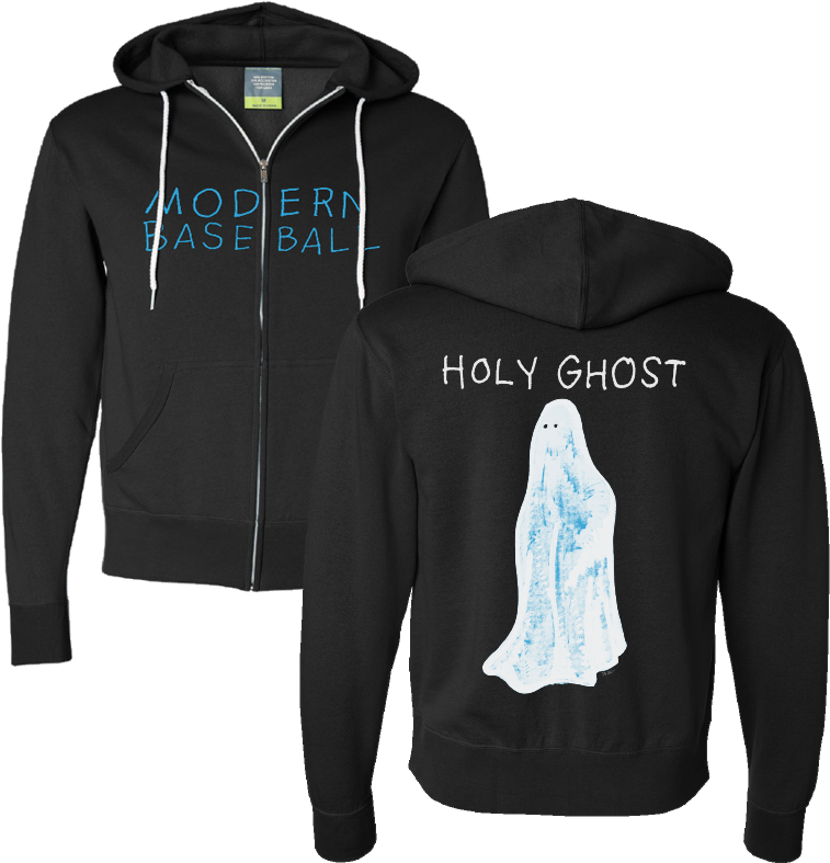 現代棒球 Holy Ghost 連帽衫 壁紙 — 兩件黑色拉鏈連帽衛衣前後展示，一件有藍色文字寫著modern base ball，另一件有白色鬼魂圖案和文字holy ghost。