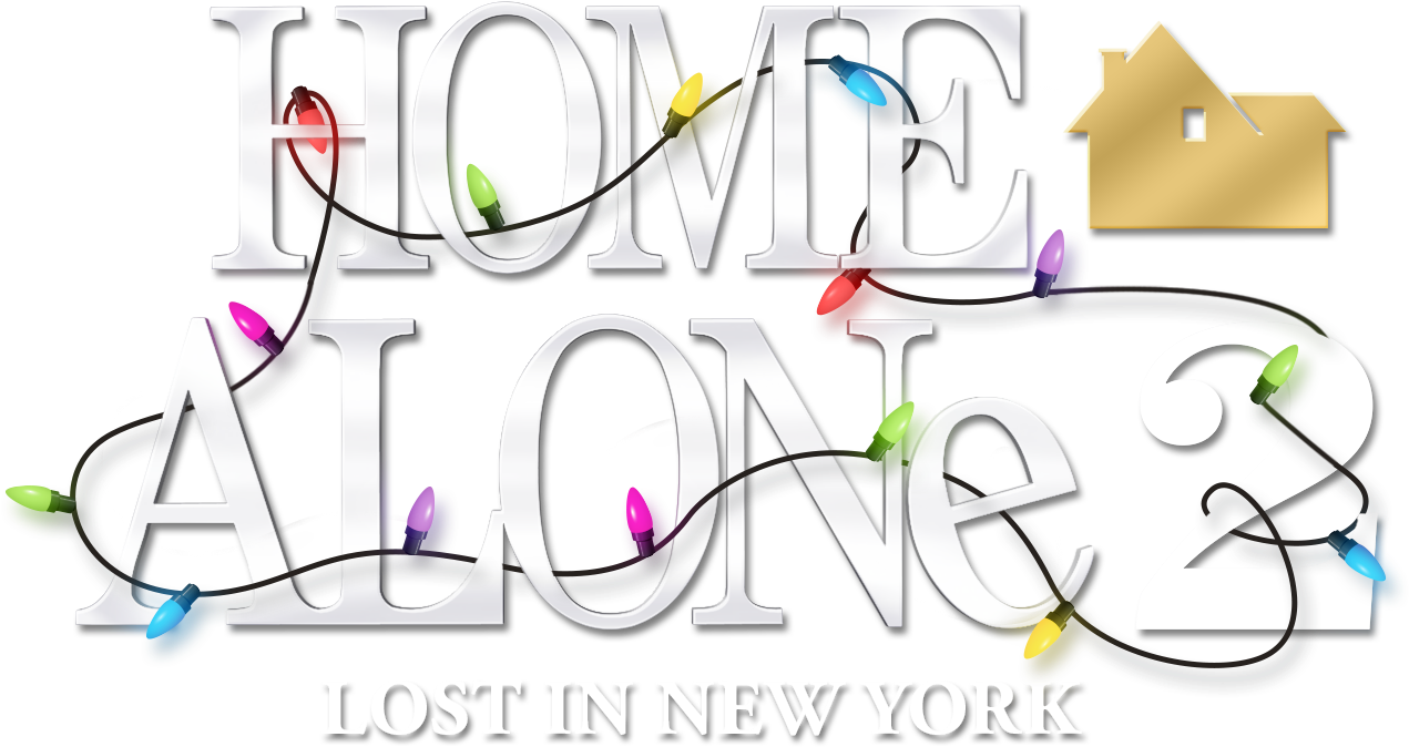 Home Alone 2：迷失紐約標誌 壁紙 — 粗體白色文字顯示「HOME ALONE 2 LOST IN NEW YORK」，包裹在彩色燈串中，並帶有金色房屋圖標。
