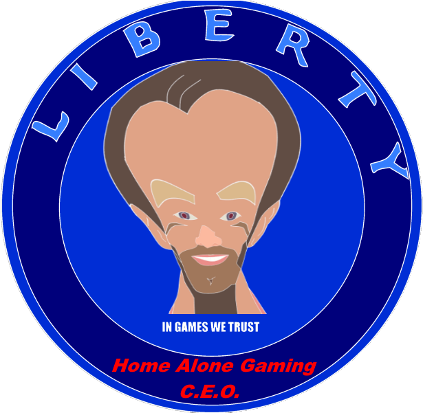 《Home Alone Gaming》總裁標誌 壁紙 — 一個卡通風格的圓形標誌，展示一個微笑的男人，頭部呈心形，文字為 Liberty, In Games We Trust, Home Alone Gaming, C.E.O.
