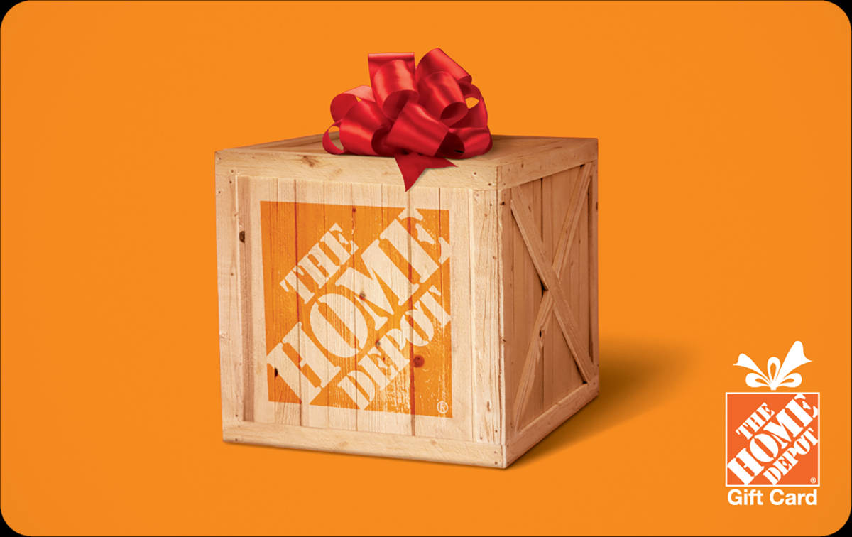 Home Depot 原木堅固箱 壁紙 — 一個木箱，上面有The Home Depot標誌和紅色蝴蝶結，背景為橙色。