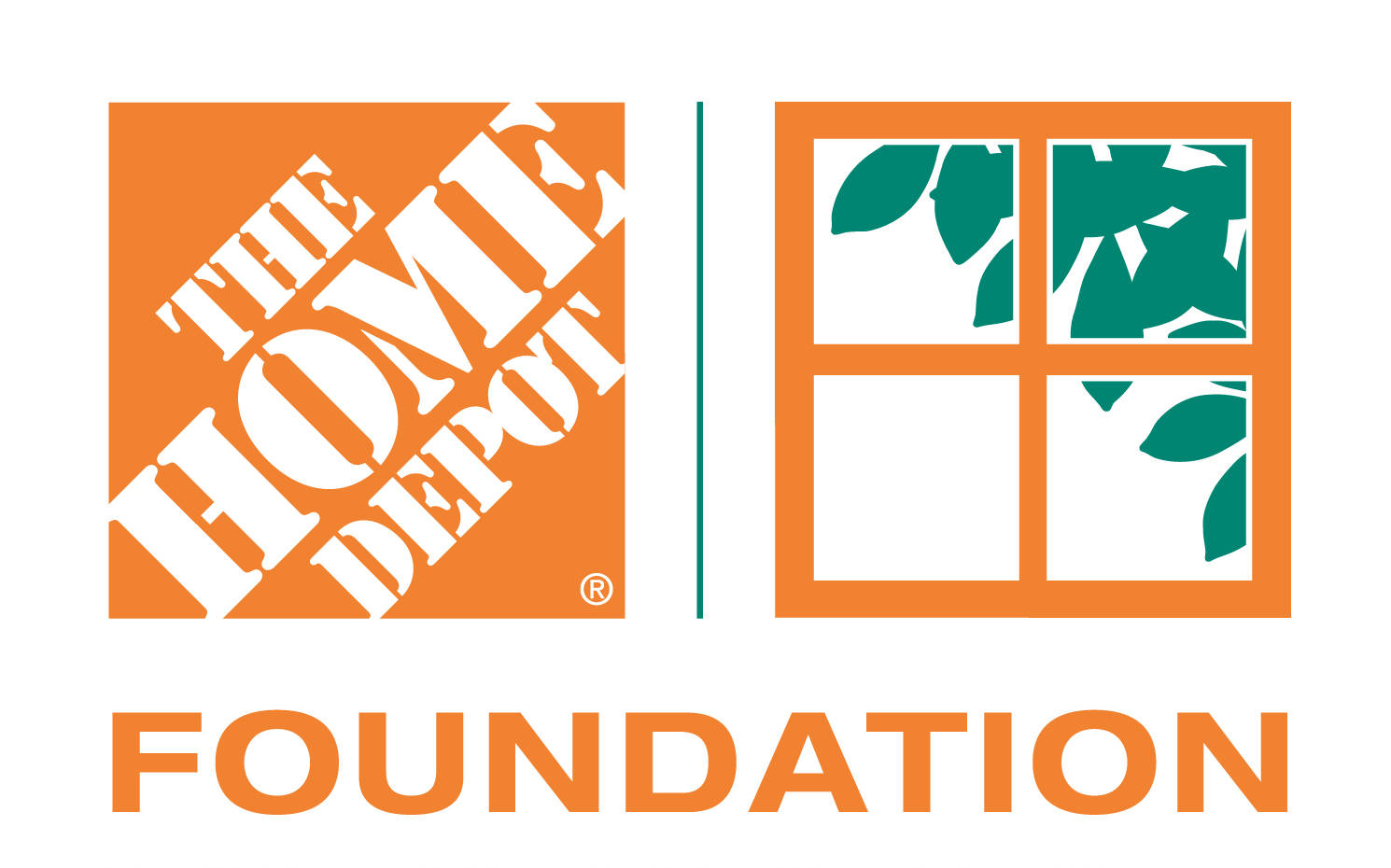 帶有橙色文字和綠色葉子窗戶的 The Home Depot Foundation 標誌。