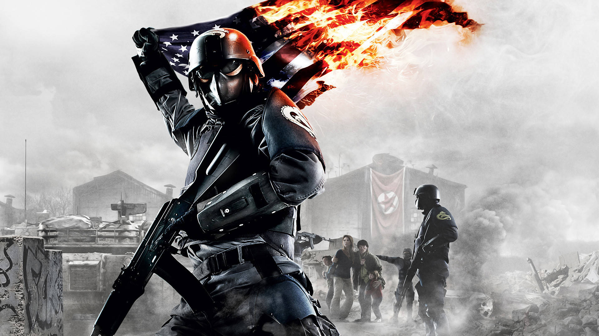Homefront：革命 高畫質遊戲 壁紙 — 一名戴頭盔的士兵在煙霧和其他士兵的背景下，在戰火摧殘的城市戰場上高舉一面燃燒的美國國旗。