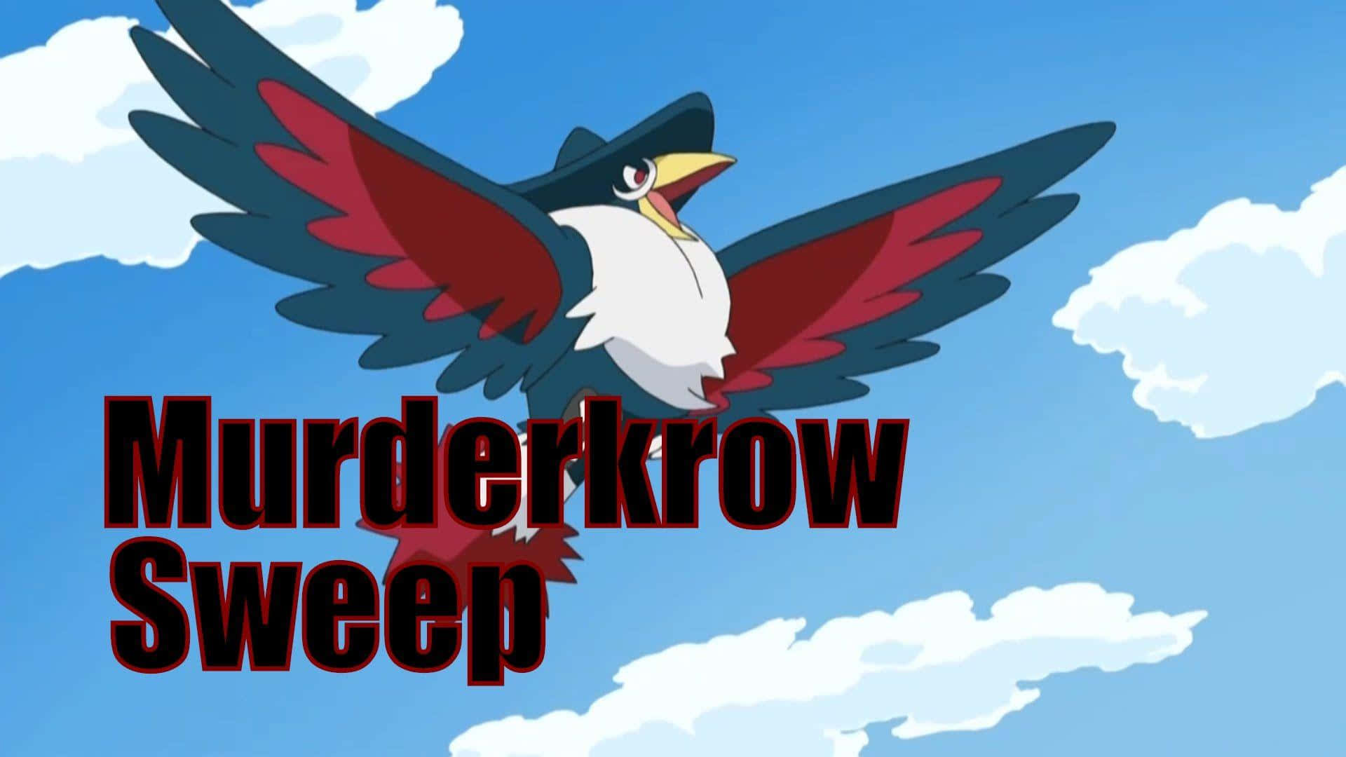 Honchkrow Murderkrow掃蕩 壁紙 — 一隻擁有紅色和黑色翅膀的卡通鳥在明亮的藍天中翱翔，天空中有蓬鬆的白雲。