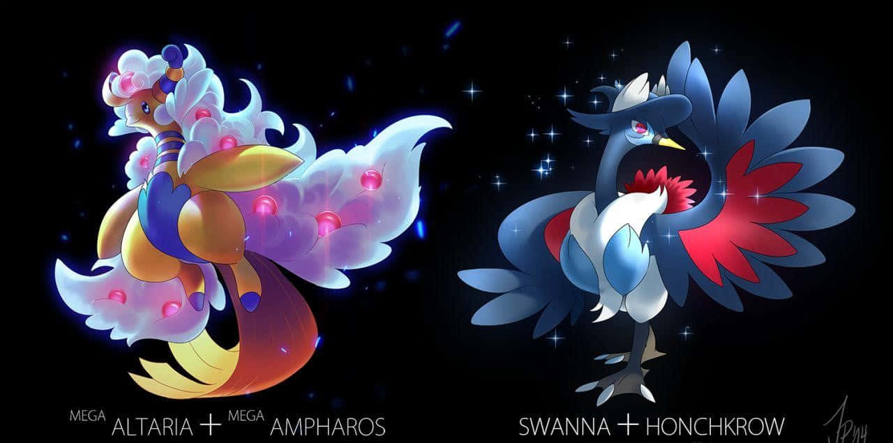 Honchkrow與Swanna的混種 壁紙 — 兩隻雄偉的寶可夢Mega Altaria和Mega Ampharos在星空下閃耀著鮮豔的色彩。