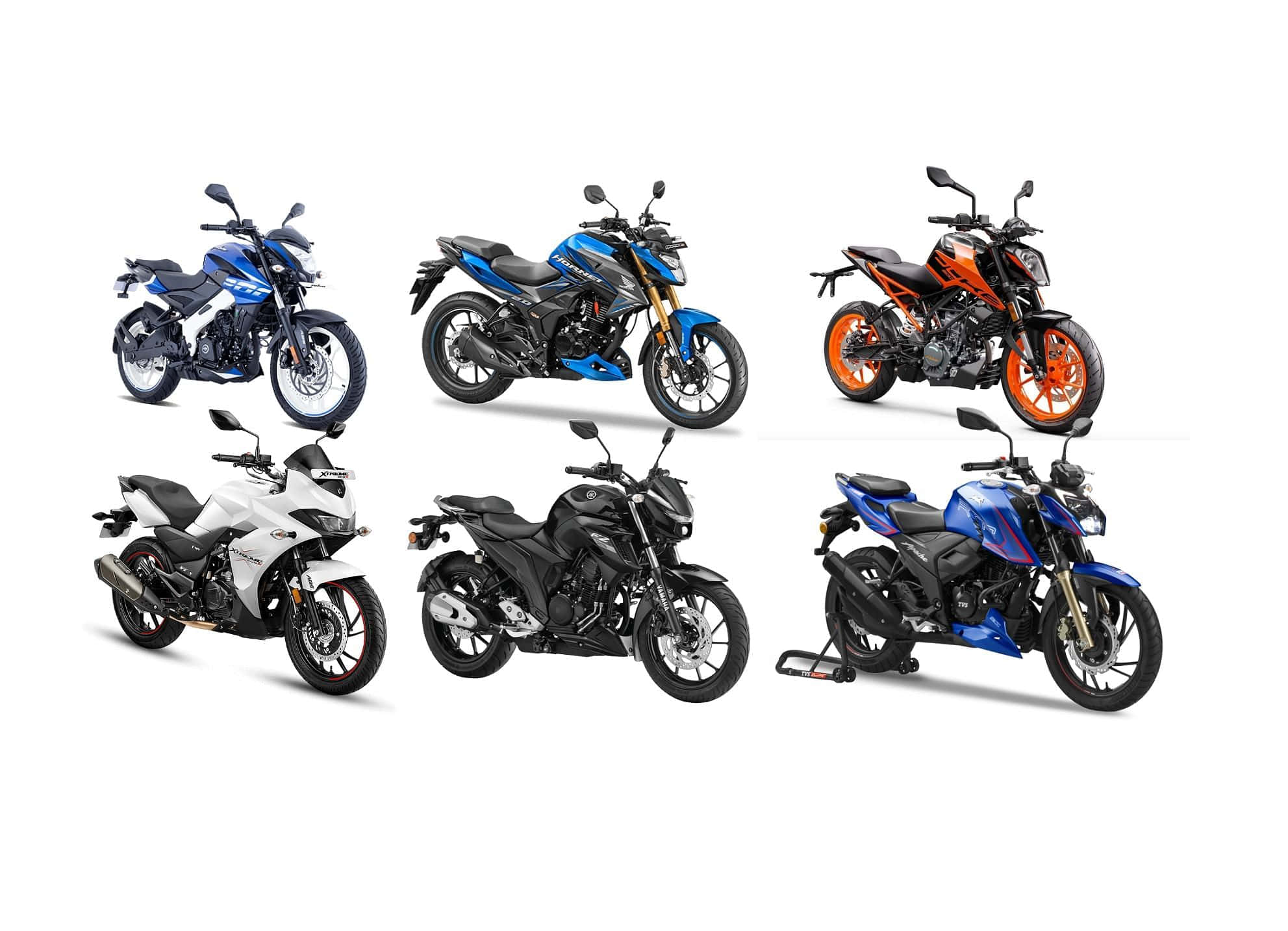 Honda Hornet 最佳機車背景 壁紙 — 六輛藍色、白色、黑色和橙色的運動電單車在潔白背景前展示。