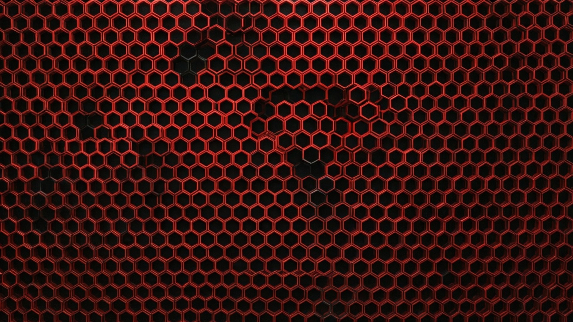 Honeycomb Hexagons 壁紙 — 發光紅色六邊形網格圖案的近距離特寫，帶有深色凹陷中心，營造出未來科技質感。