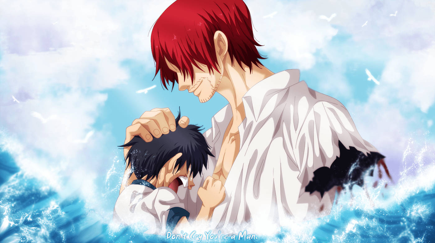 Shanks 撫慰哭泣的路飛《海賊王》 壁紙 — 一個紅髮動漫男子在陰天底下，於洶湧的藍色波浪中安慰一個哭泣的男孩。
