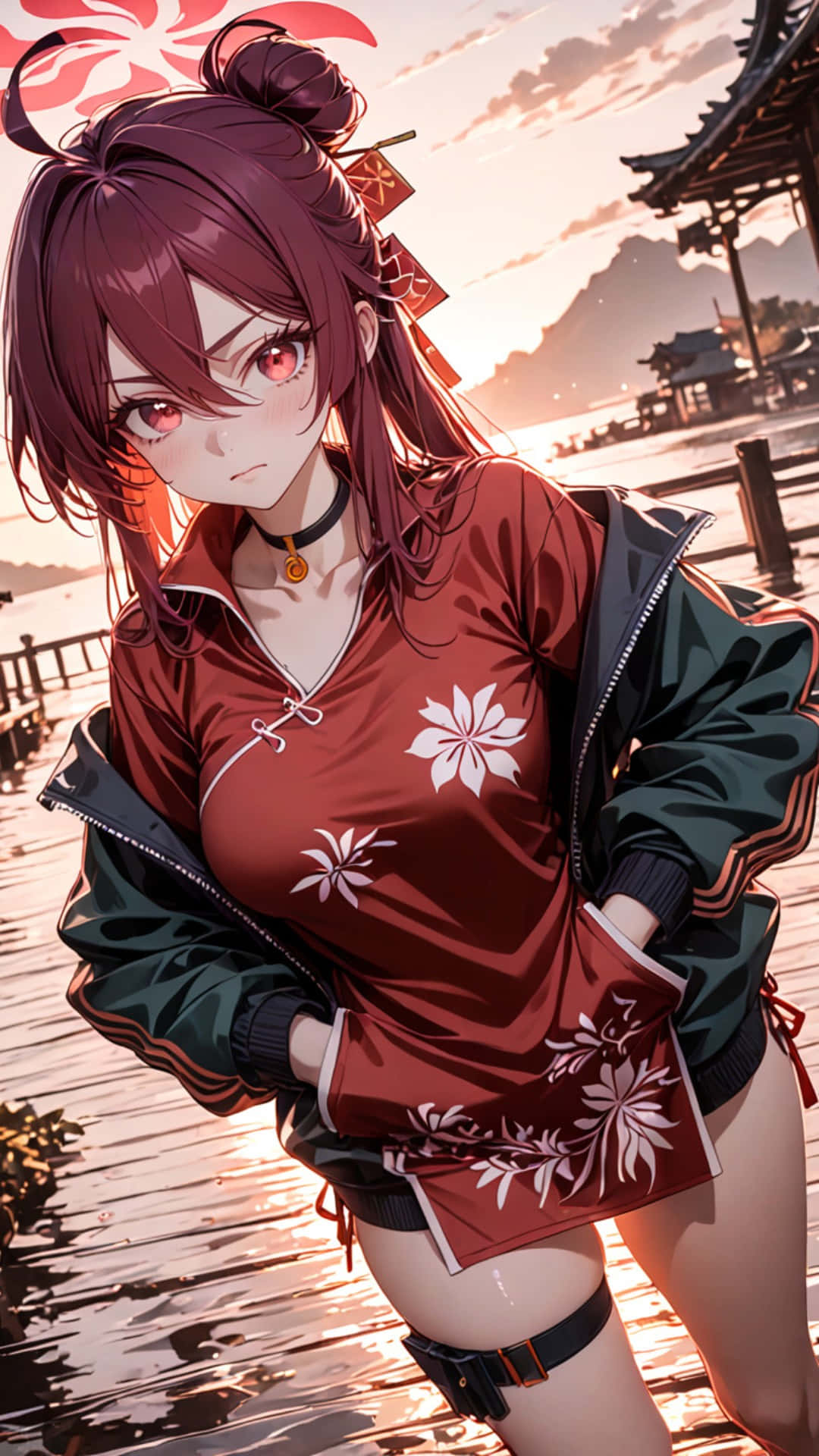  壁紙 — 一位紅髮動漫女孩穿著紅色花卉外套，在日落時分站在傳統日本神社附近的木碼頭上。