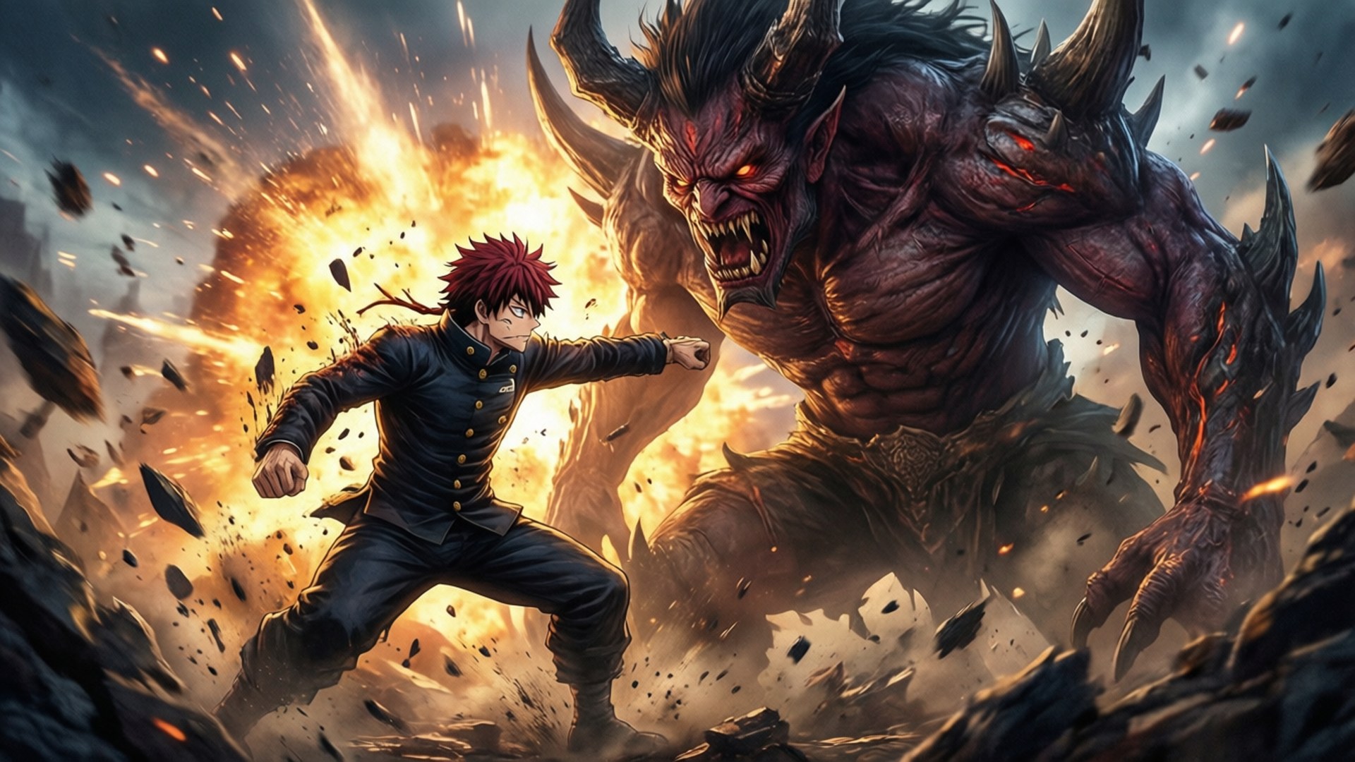 動漫角色在熾熱爆炸中與惡魔怪物戰鬥。