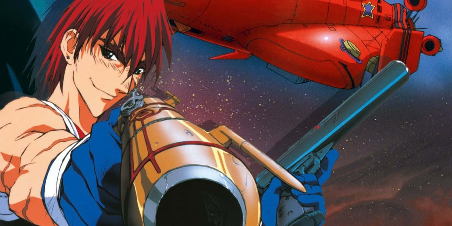  壁紙 — 一位紅髮動漫戰士在星空太空背景下緊握著一把大槍，身後有一艘紅色太空船若隱若現。