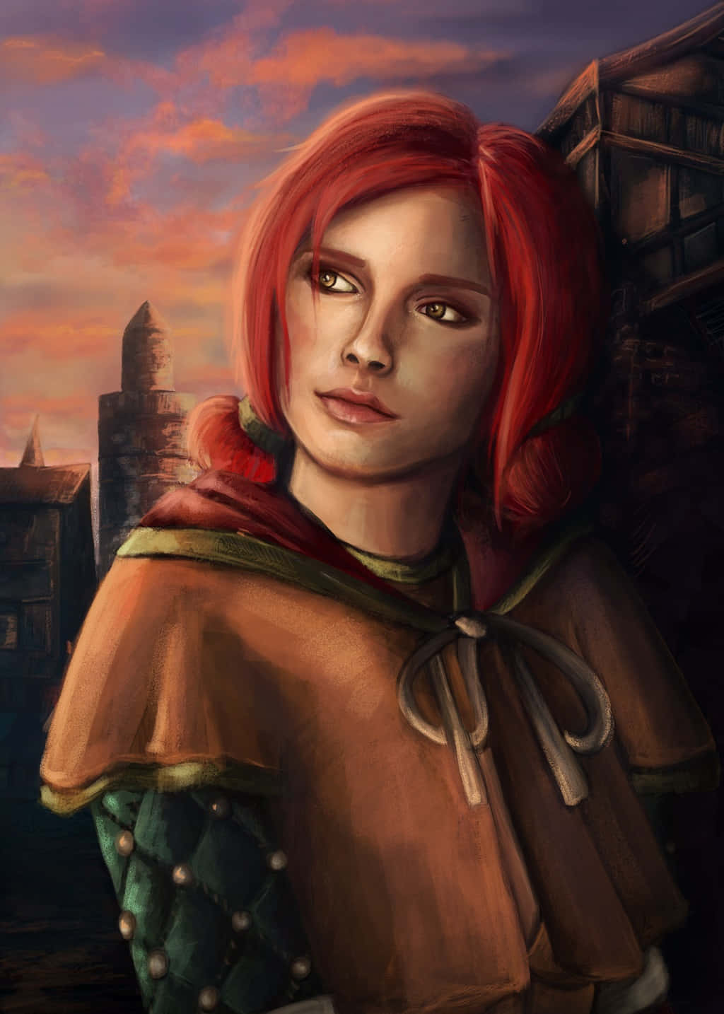 triss merigold 桌布 壁紙 — 一位紅髮女子身穿棕色斗篷，在溫暖的橙色和紫色天空下，站在城堡前，正值日落時分。
