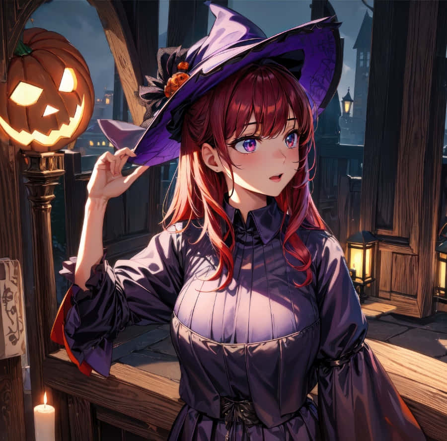  壁紙 — 一位紅髮紫眼的年輕動漫女巫，在昏暗的萬聖節場景中，靠在發光的傑克南瓜燈旁邊的木欄杆上。