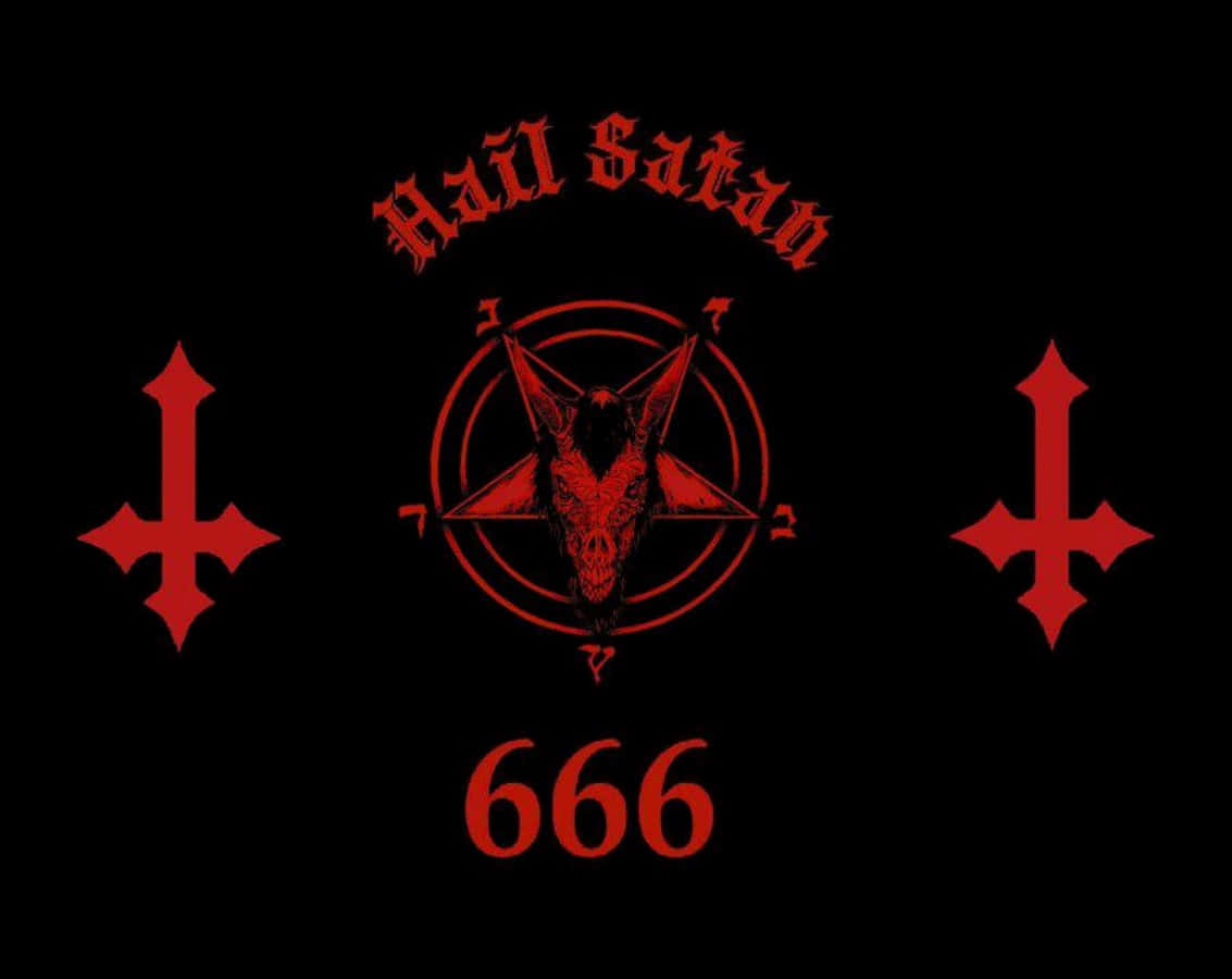 撒旦符號，包含山羊頭骨、倒置十字架，以及紅色文字 Hail Satan 和 666，置於黑色背景上。