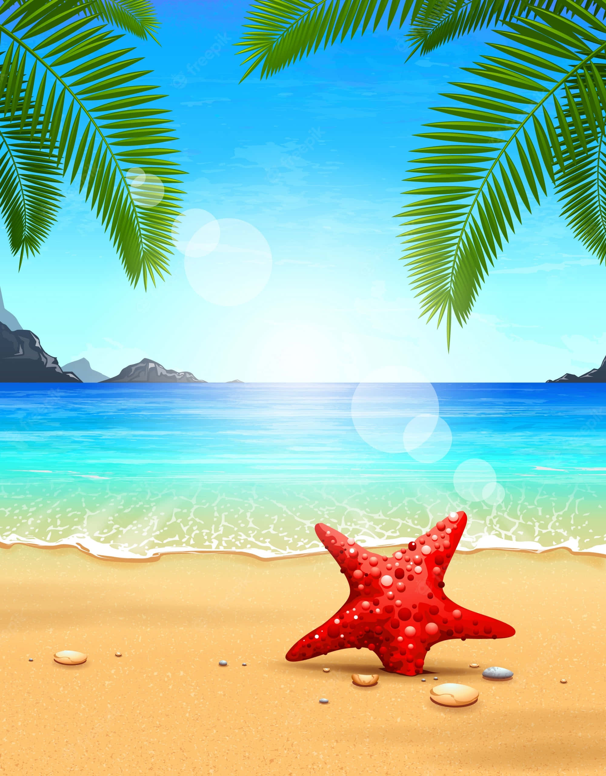 Beautiful Beach 桌布 壁紙 — 一隻鮮紅色的海星躺在金色沙灘上，上方搖曳的棕櫚葉襯托著碧綠的海浪。