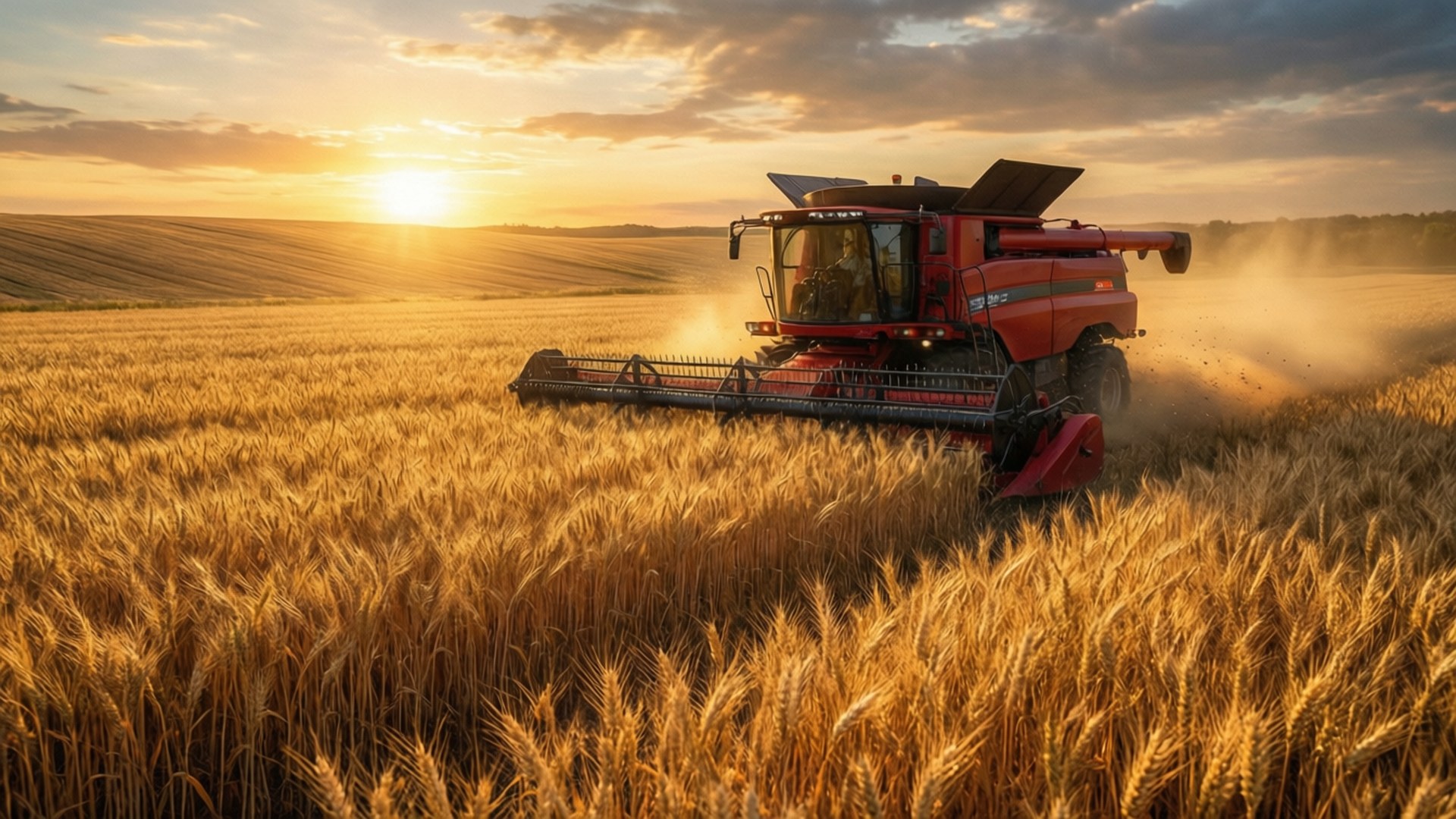 Farming Simulator 桌布 壁紙 — 一台紅色聯合收割機在夕陽下穿過金色麥田，為起伏的山丘投下溫暖的光芒。