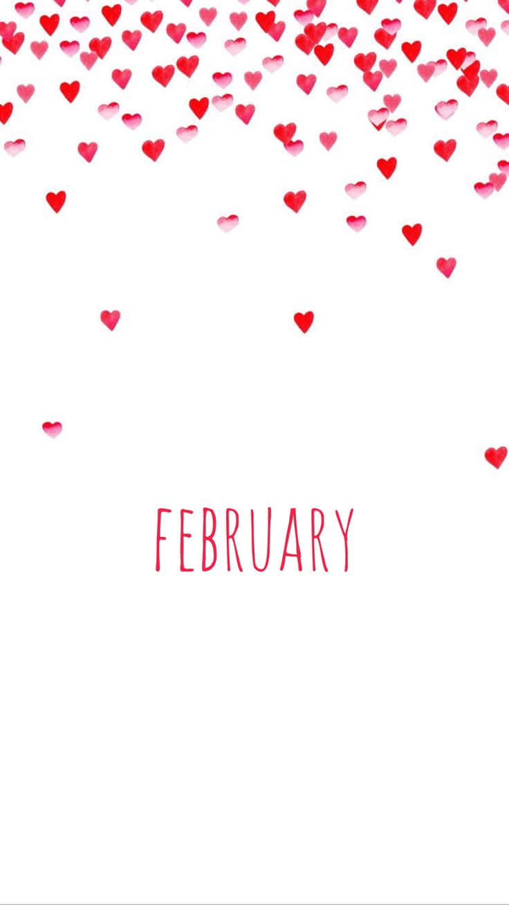紅色心形落在白色背景上，February用粉紅色書寫。 — 粉紅色心形動圖 壁紙